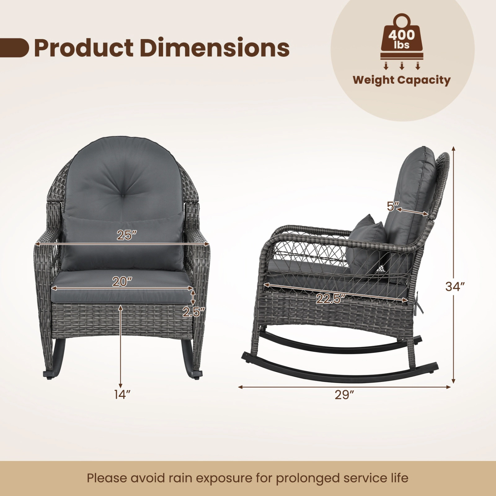 SUGIFT 400-lb Capacity Patio Rattan Rocker Chair with Anti-Tip Stoppers and Cushions 25-in Wide 34-in Tall Porch Gray