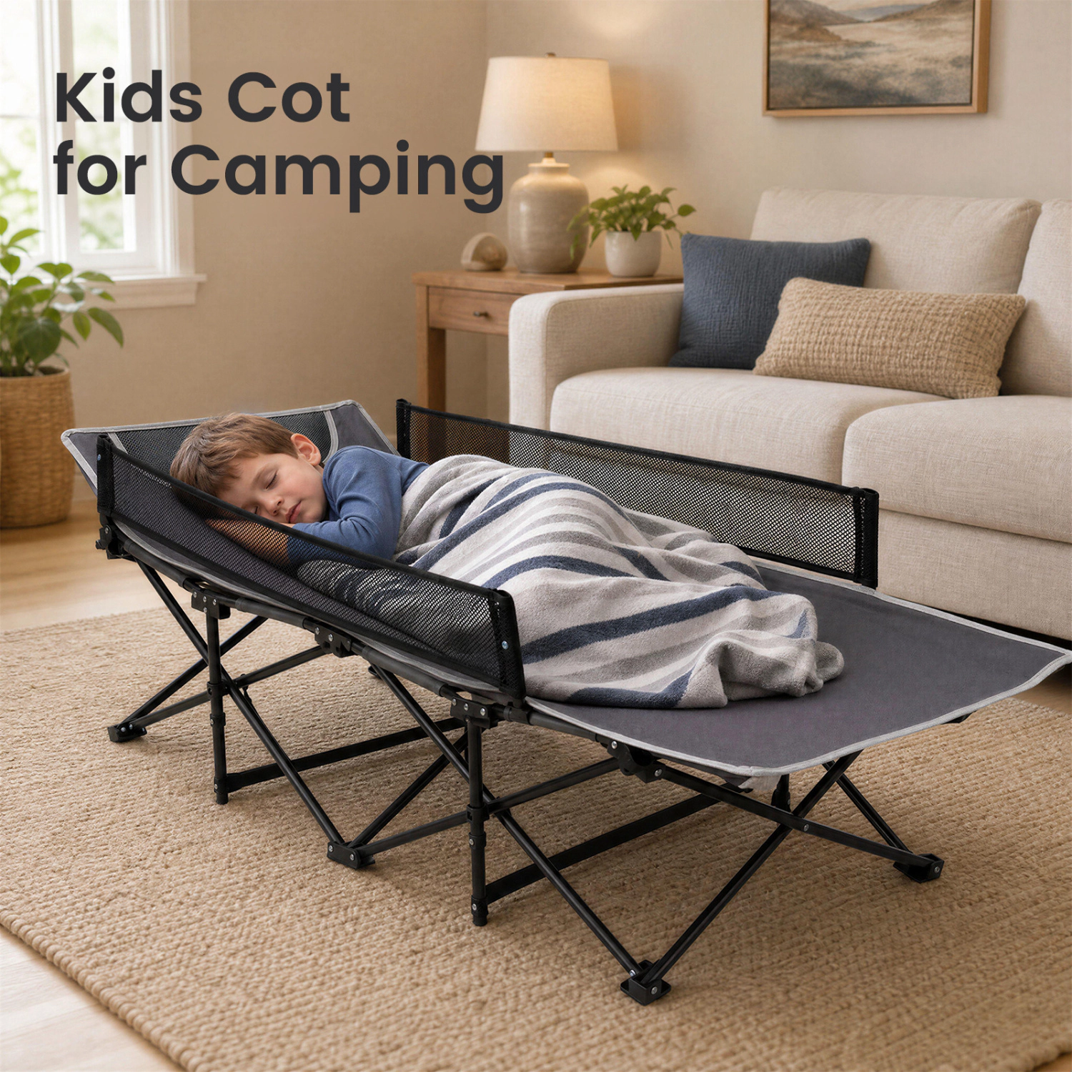 LJG Portable Travel Toddler Cot Bed with Guardrail for Outdoor Indoor