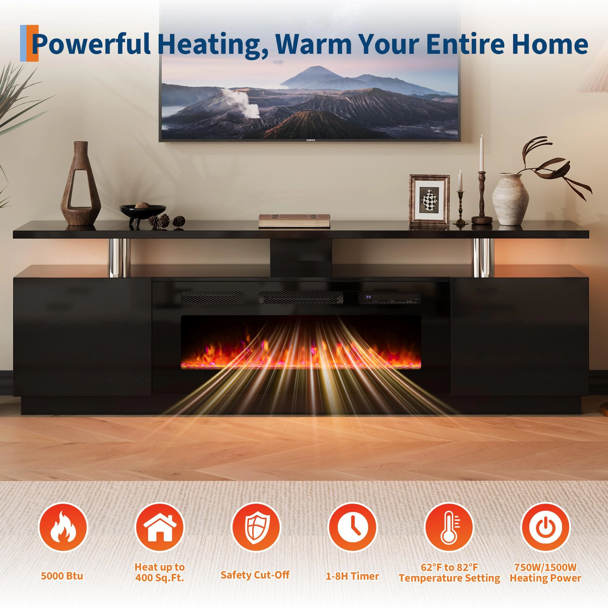 BebreezChic 70" Fireplace TV Stand with 36" Electric Fireplace, Entertainment Center with 12 Colors LED Lights