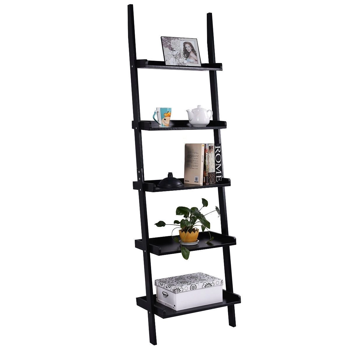 SlickBlue 5-Tier Leaning Ladder Bookcase Wall Shelf with Storage