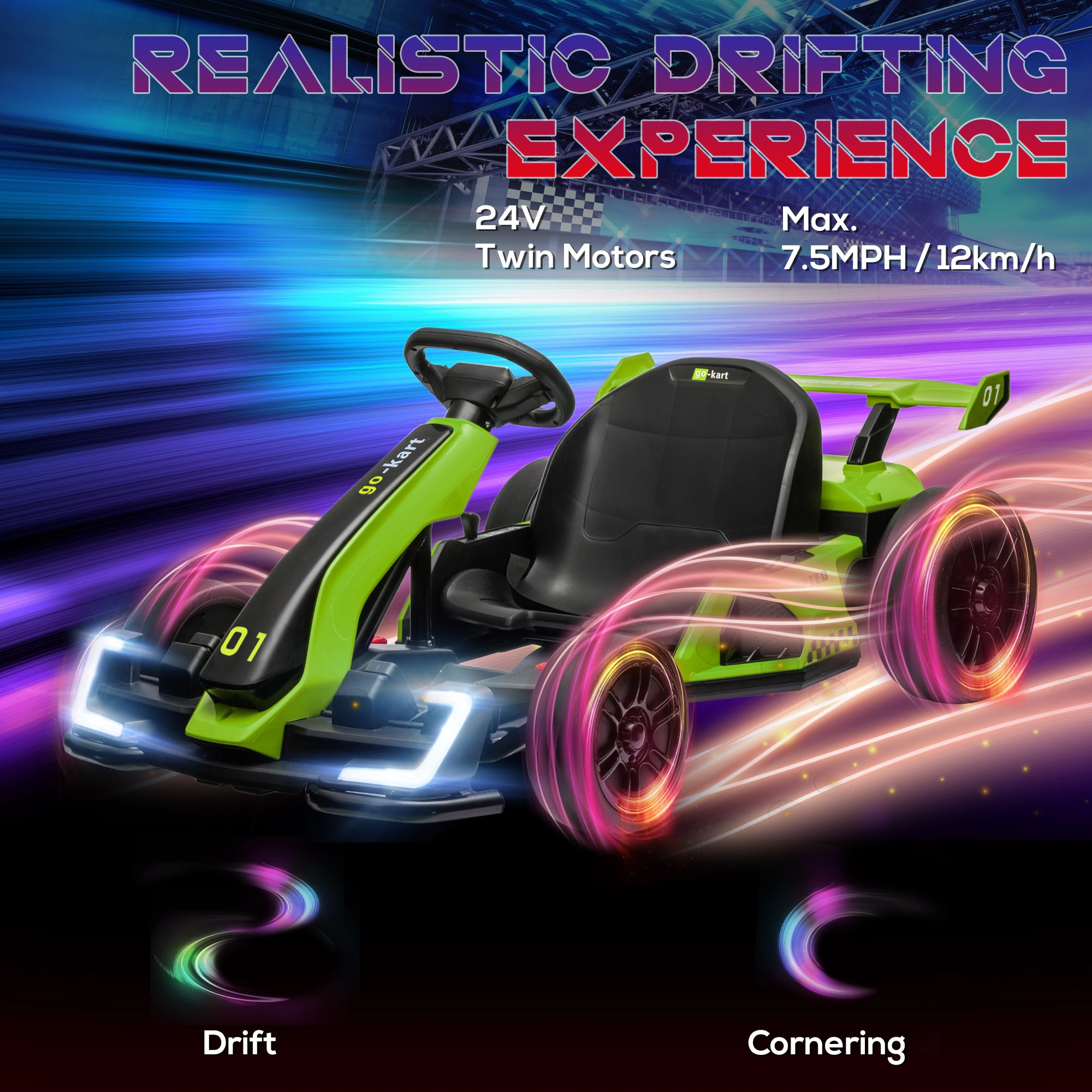 HONGGE 24V Kids Electric Go Kart, 7.5 MPH with 3-Level Adjustable Seat and Soft Start, Ages 6-12