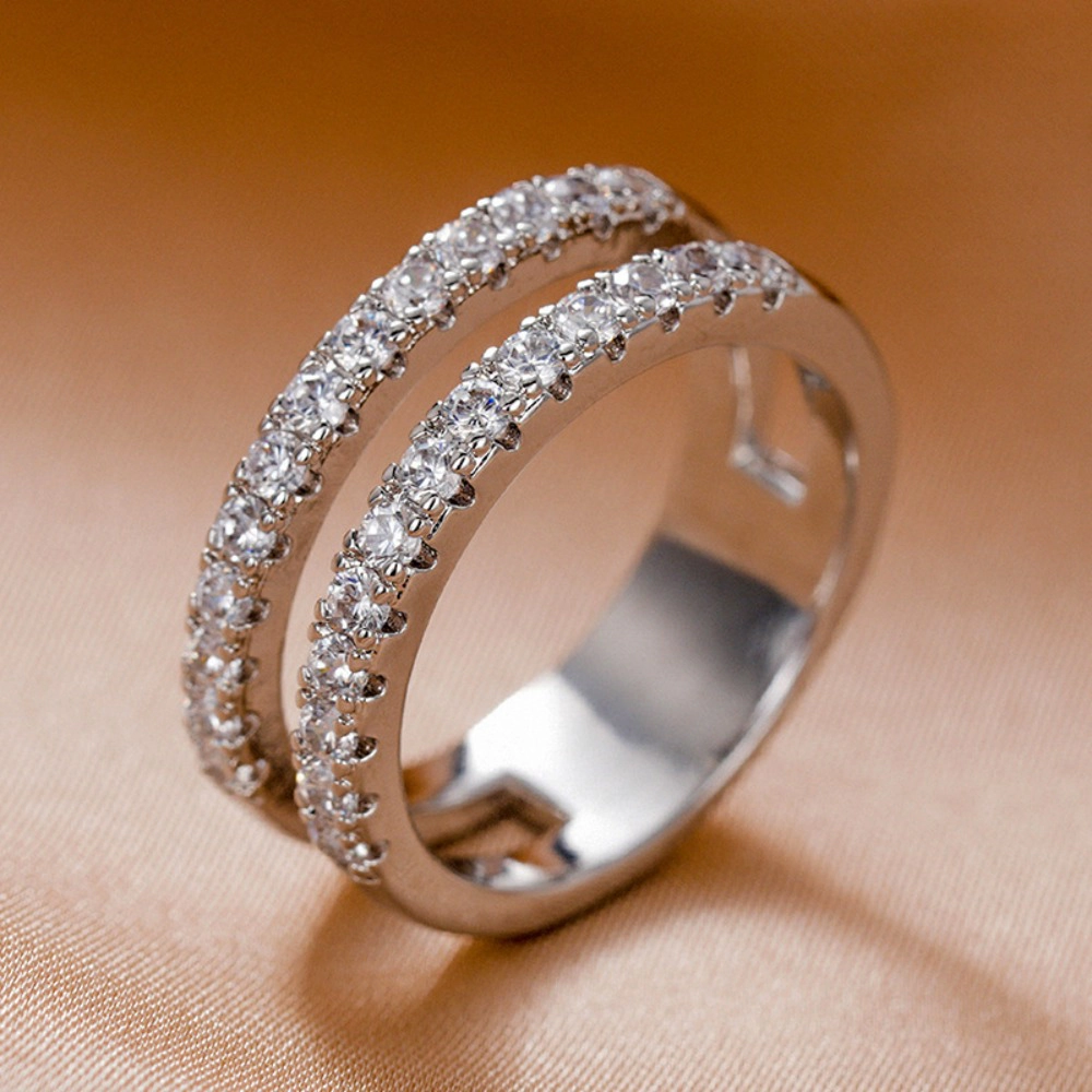 Women Dainty Cubic Zirconia Half Eternity Stackable Engagement Enhancer Guard Double Ring