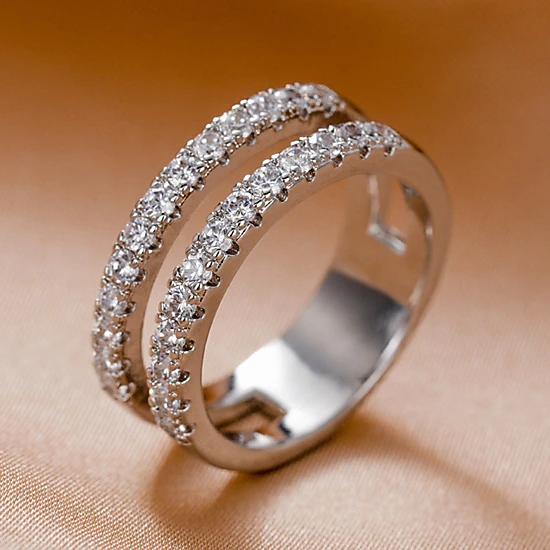 Women Dainty Cubic Zirconia Half Eternity Stackable Engagement Enhancer Guard Double Ring