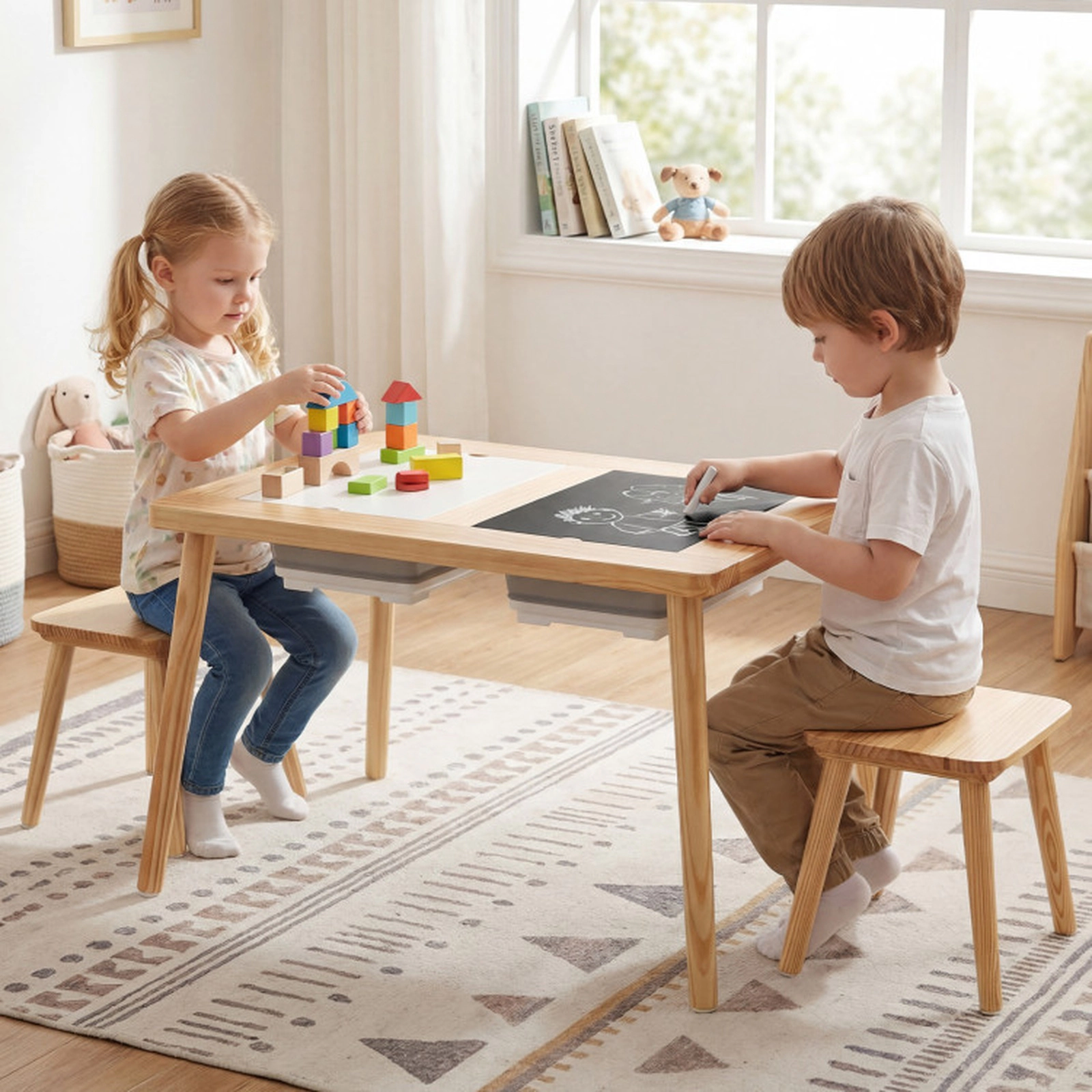 SUGIFT Wooden Kids Activity Table and Stool Set with Chalkboard, Whiteboard and 2 Foldable Storage Bins 200-lb Tabletop