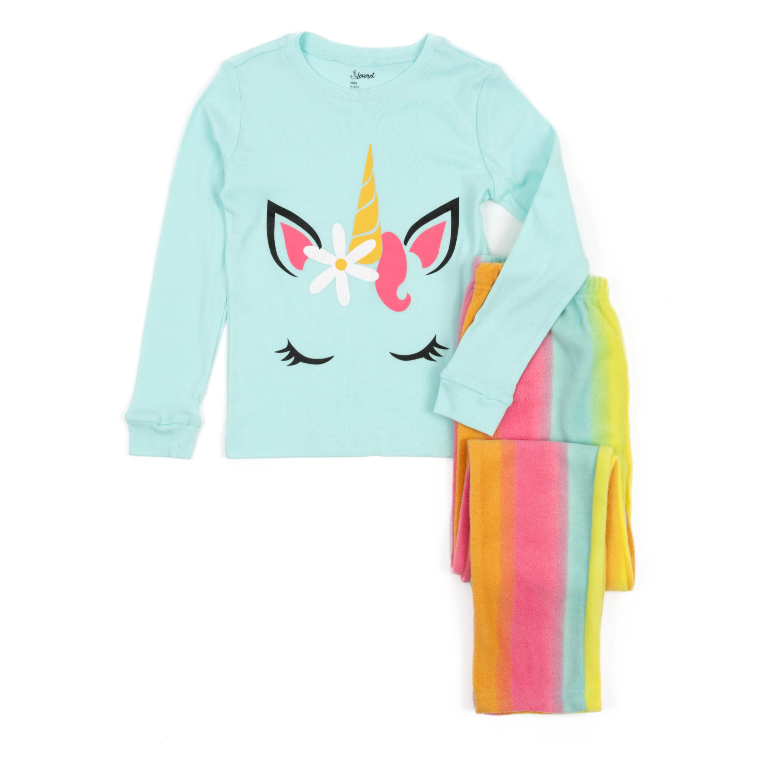 Leveret Toddler/Little/Big Girls Unicorn Tie Dye Cotton Top & Fleece Pants Pajama Set