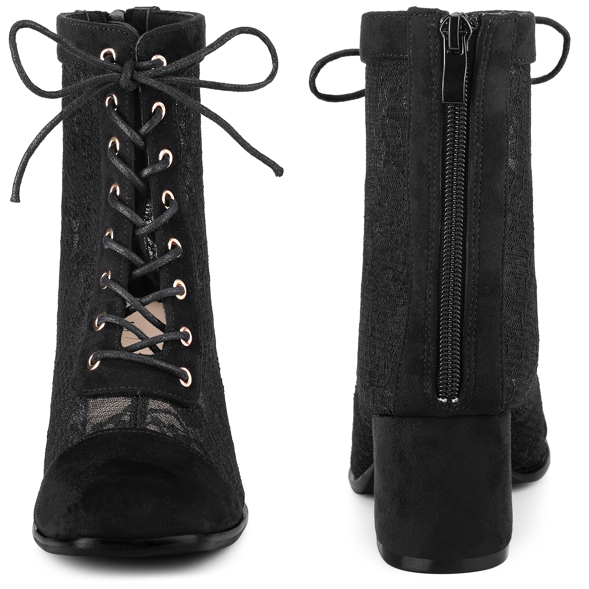 BLISSFUL STEP Women Floral Lace Square Toe Up Block Heels Ankle Boots