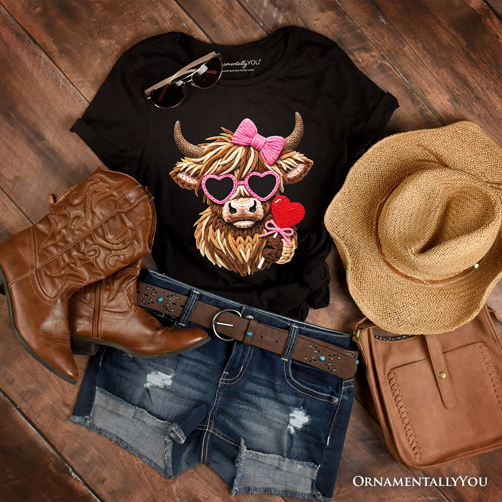 OrnamentallyYou Womens Highland Cow Faux-Yarn Valentine T-Shirt