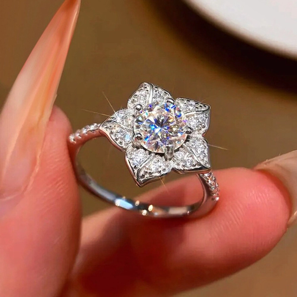 Flower-Shaped Pave Cubic Zirconia Ring Luxury Engagement Jewelry