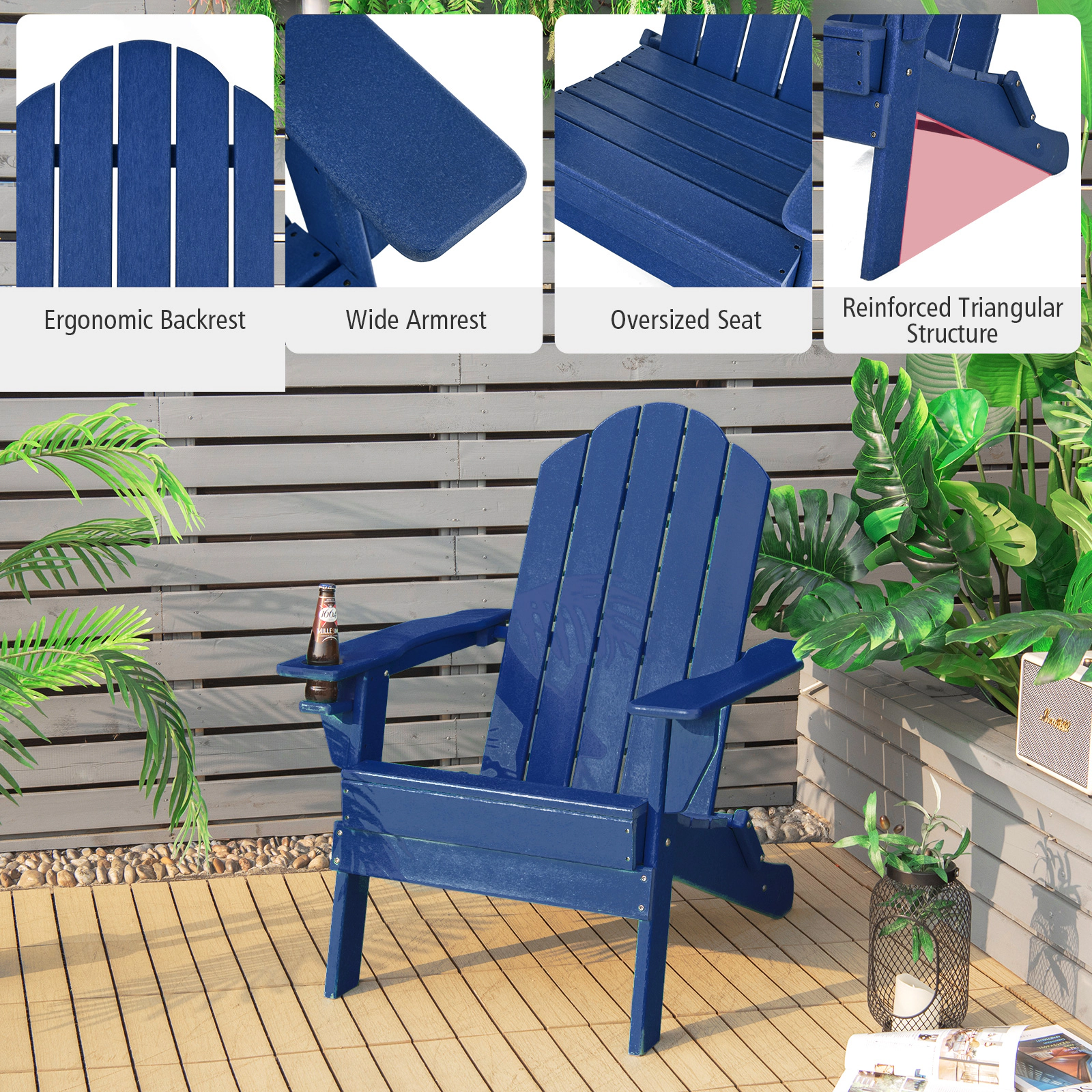 SUGIFT Foldable Patio Chair, Navy, Built-In Cup Holder, Fade-Resistant PE, 330 lb Capacity