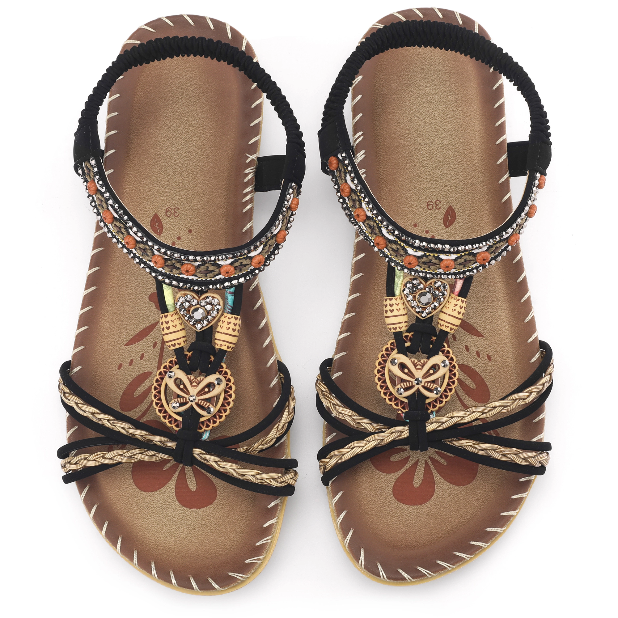 BLISSFUL STEP Women Bohemian Rhinestone Knot Flat Ankle Elastic Sandals