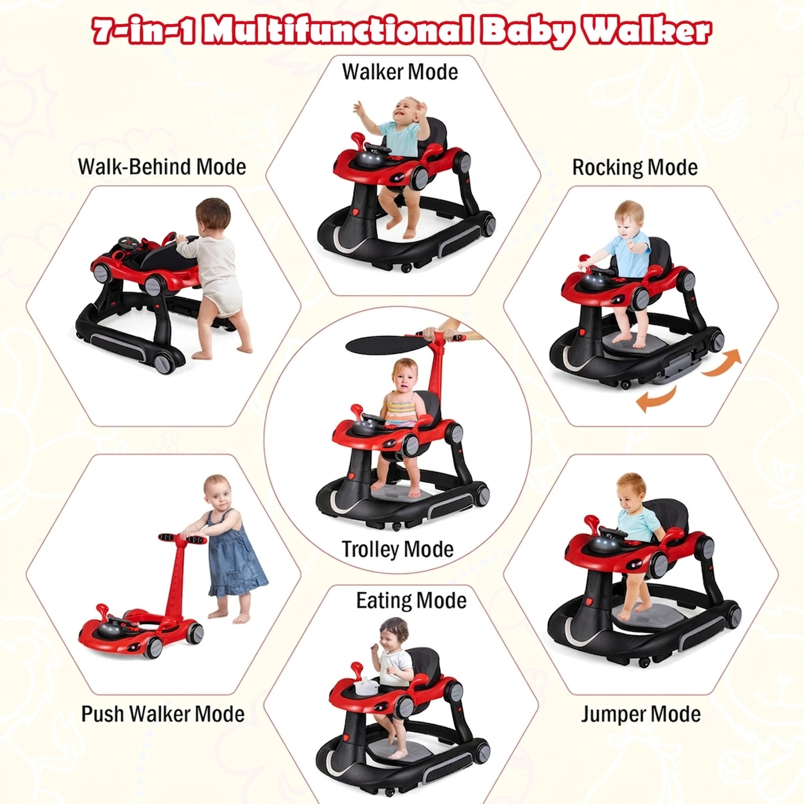 SUGIFT 6-in-1 Baby Walker Activity Center Bouncer Rocker Combo 27-lb Capacity Ages 7-18 Months Red