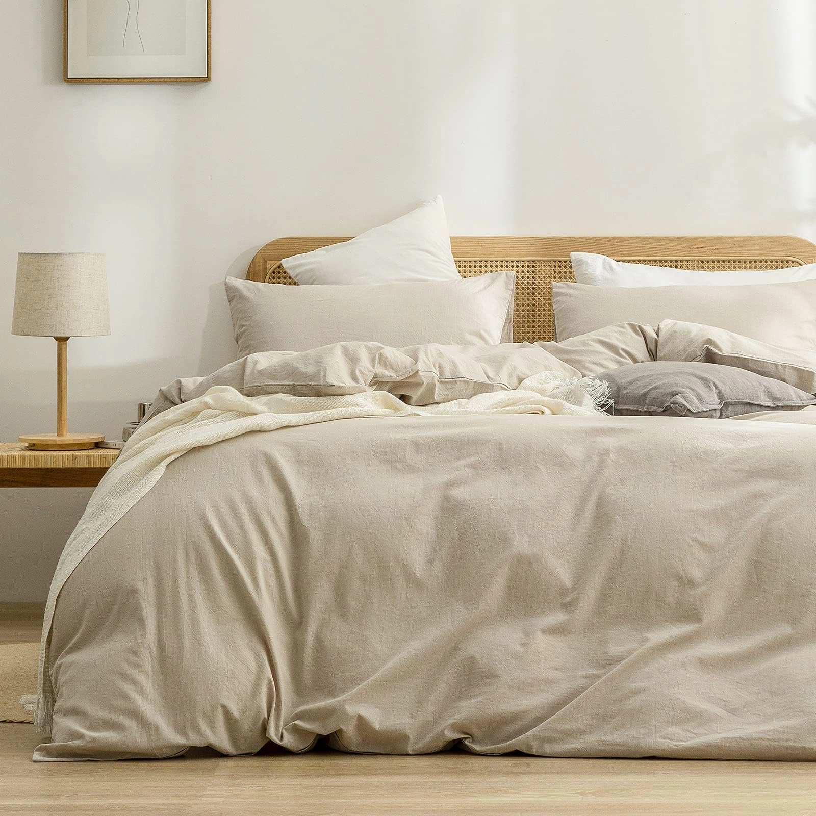 PUPWE Ton Solid Duvet Cover Set Linen Feel Almond Milk Grey