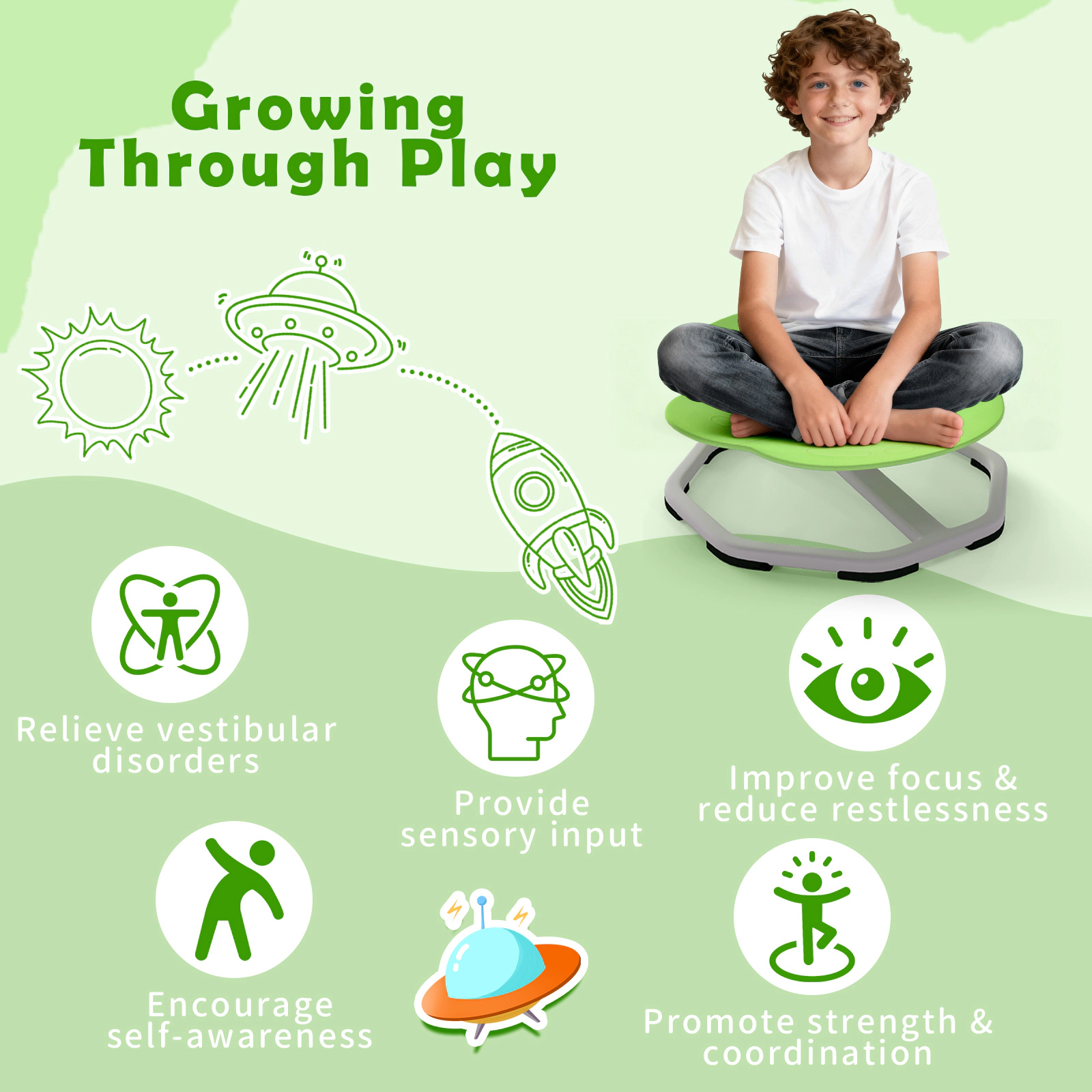 SUGIFT Kids Sensory Swivel Chair Green Elephant 360 Degree Spinning Chair with Metal Base