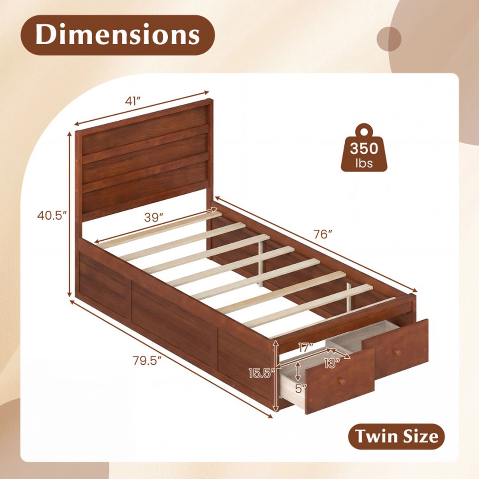 SUGIFT Twin Size Platform Bed Frame with 2 Storage Drawers 350-lb Bed Capacity Walnut