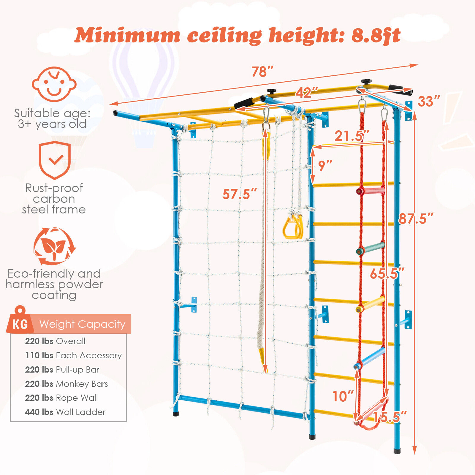 SUGIFT Yellow Monkey Bars and Rope Wall 78 Inch 7-in-1 Kids Indoor Gym Wall Ladder