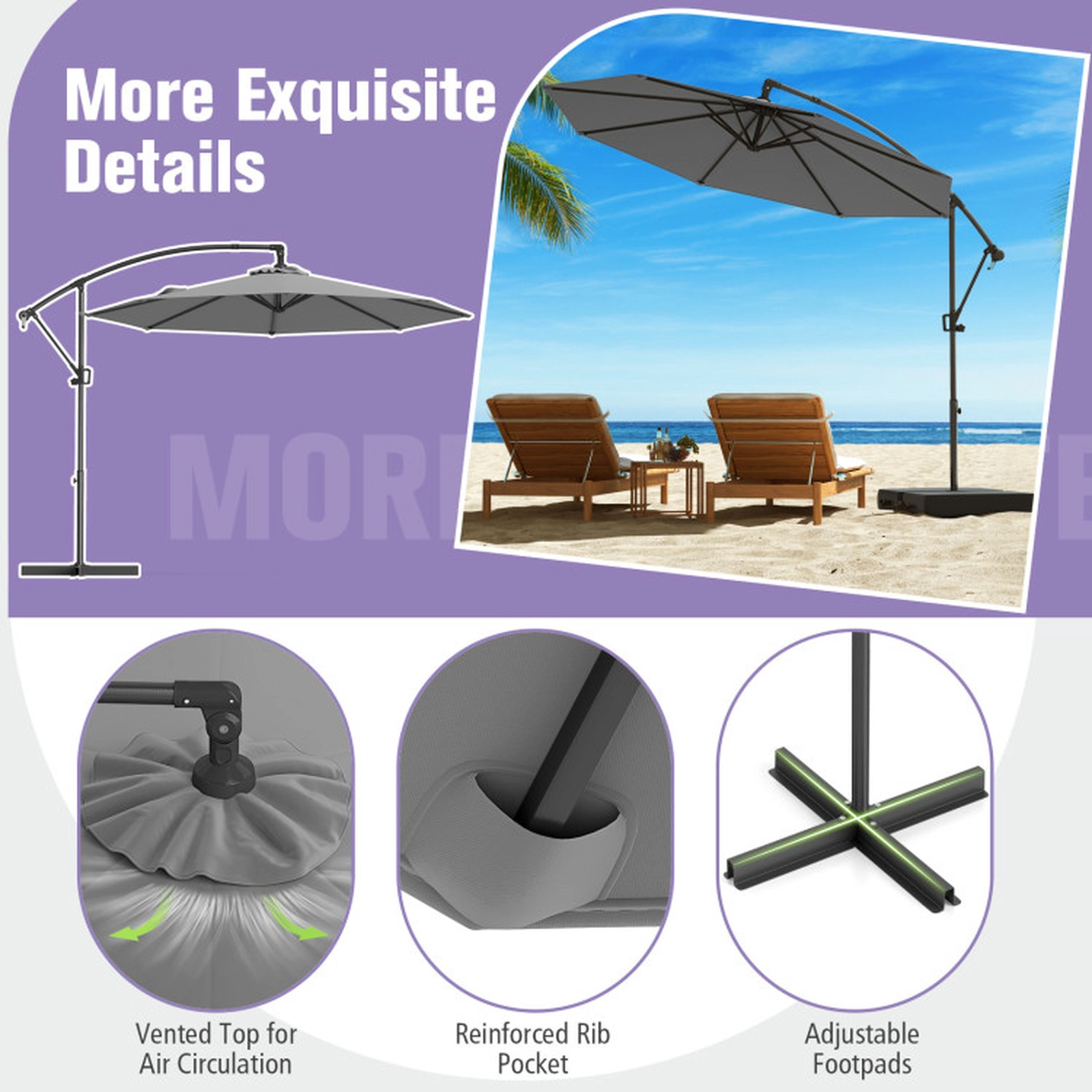 SUGIFT 10-ft Grey Offset Cantilever Patio Umbrella with Weighted Base Crank Lift and Vented Crown