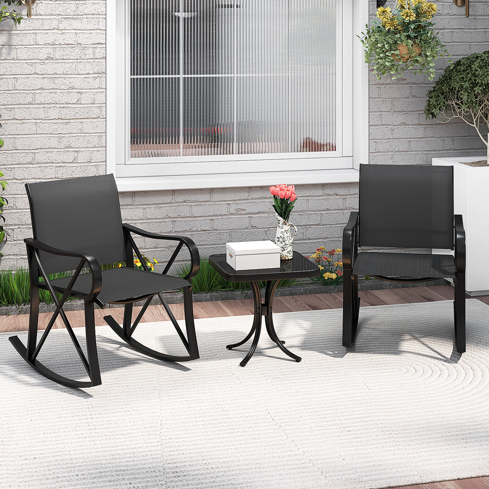 LJG 3 Piece Patio Rocking Set with Smooth Rocking Motion Outdoor Rocker Chair Bistro Set