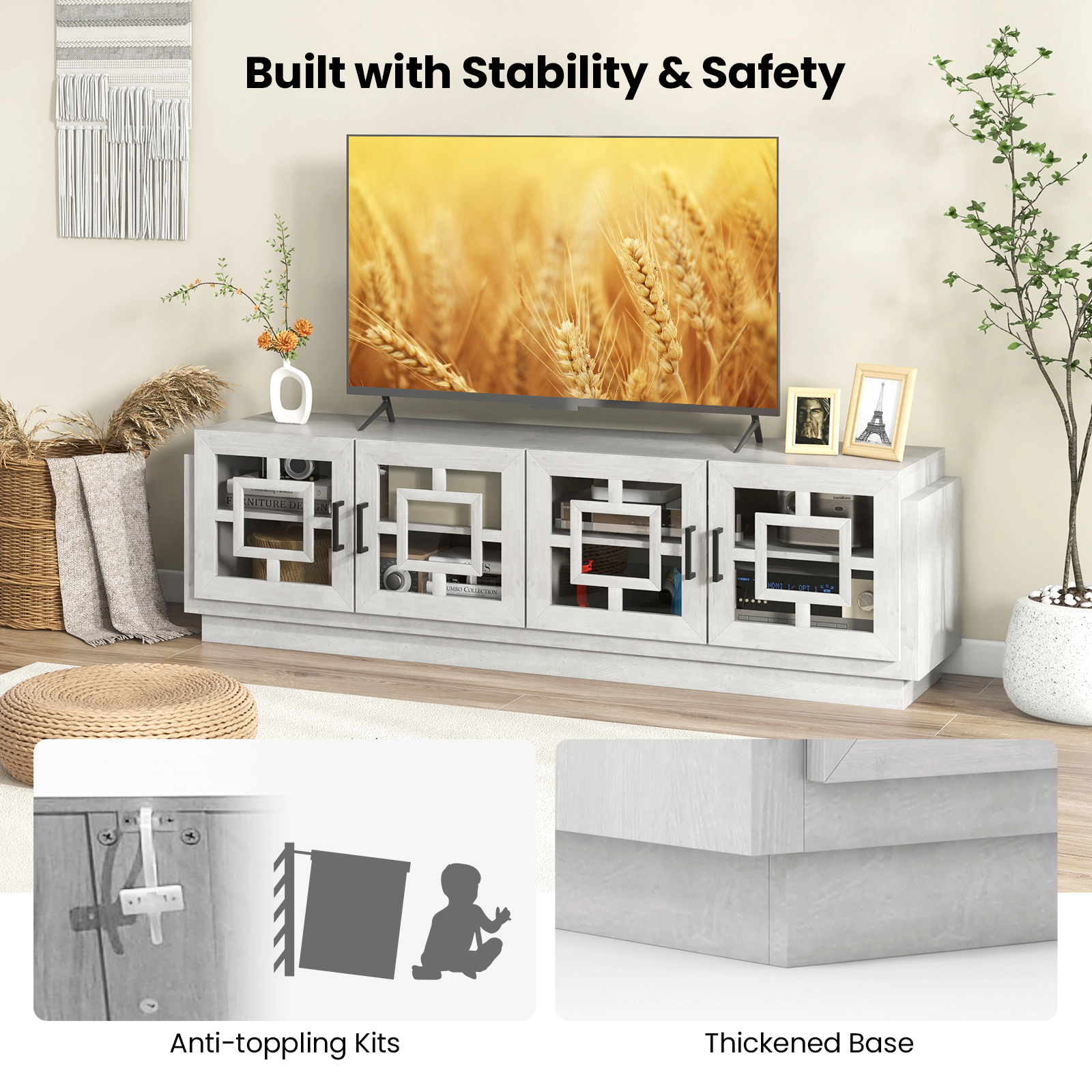 Hivvago 4-Door TV Stand for TVs up to 75 Inch Media Console Table with Adjustable Shelves