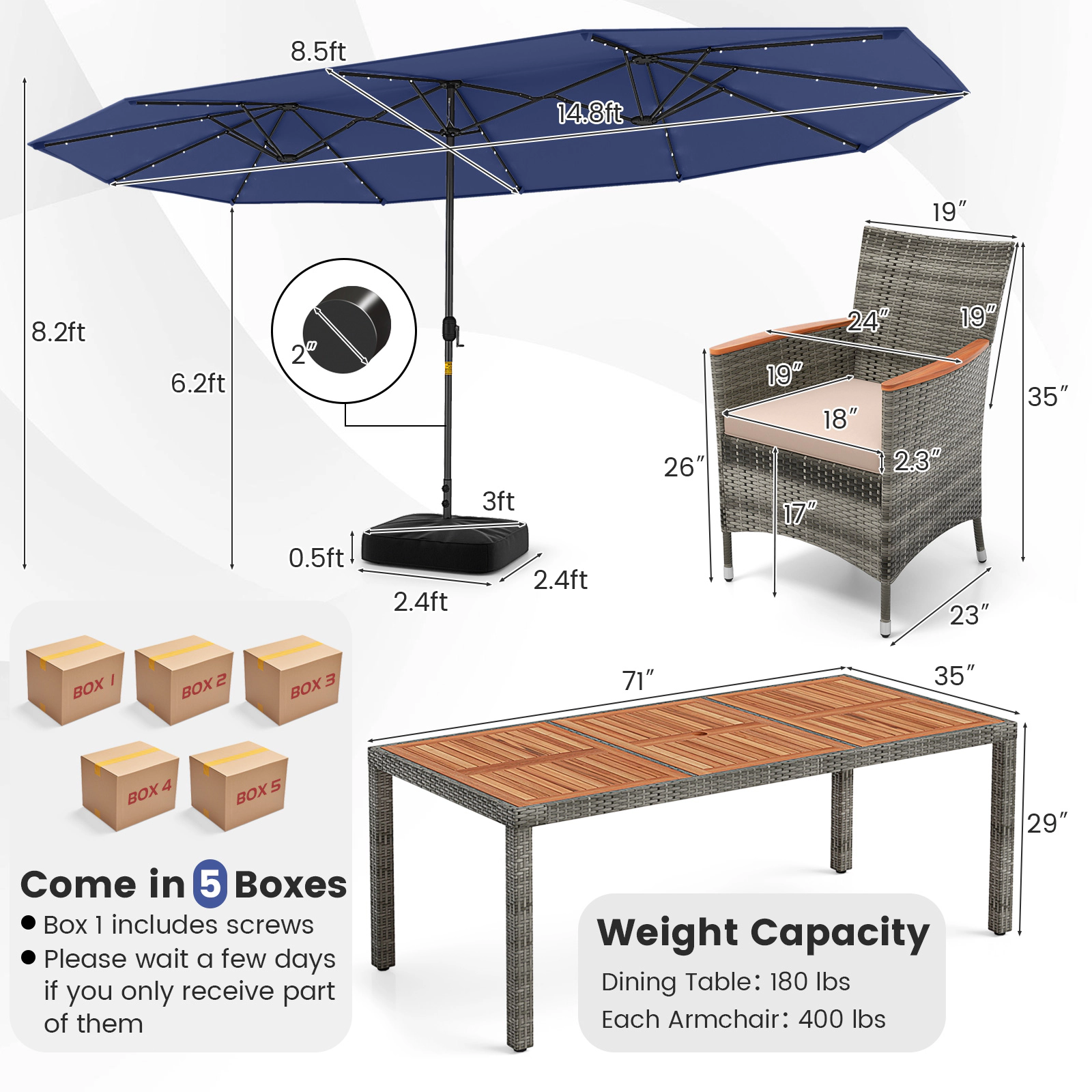 SUGIFT 11-Piece Navy Patio Dining Set, 15-ft Solar LED Umbrella with Base