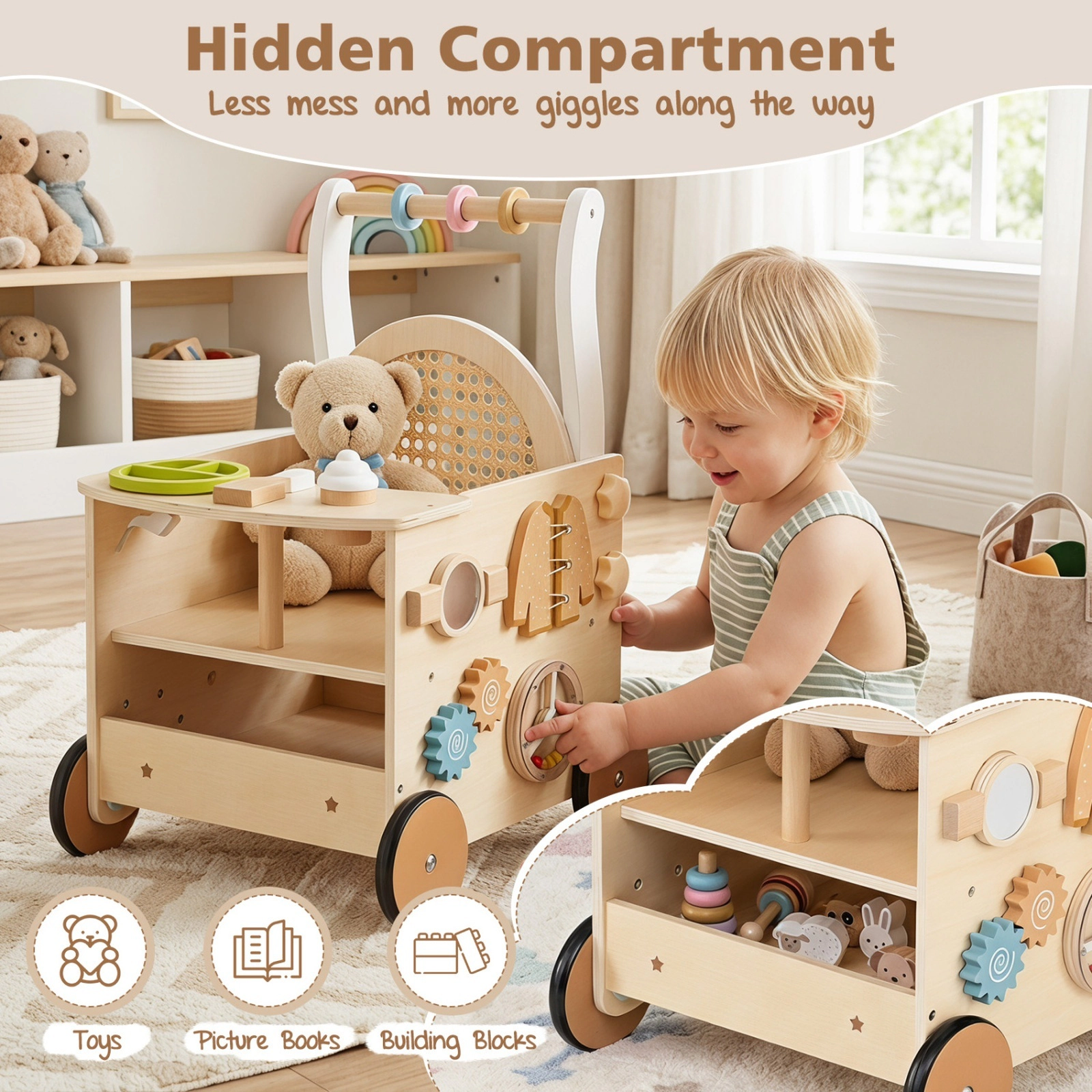 13-in-1 Toddler Wooden Push Walker with Doll Seat Pretend Ice Cream Set Bead Maze Turntable Mirror Natural