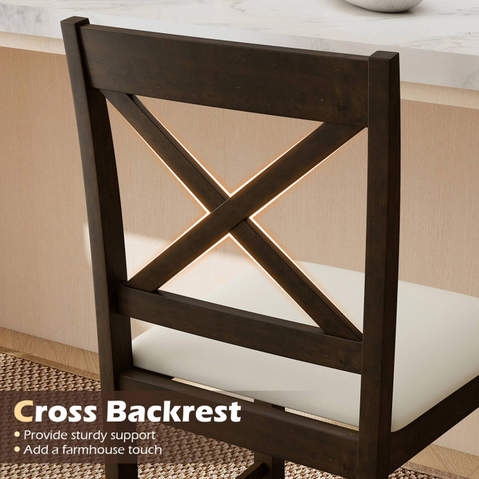 SUGIFT X-Back Counter-Height Bar Stools with Upholstered Cushioned Seats 330-lb Capacity Dark Brown and Cream