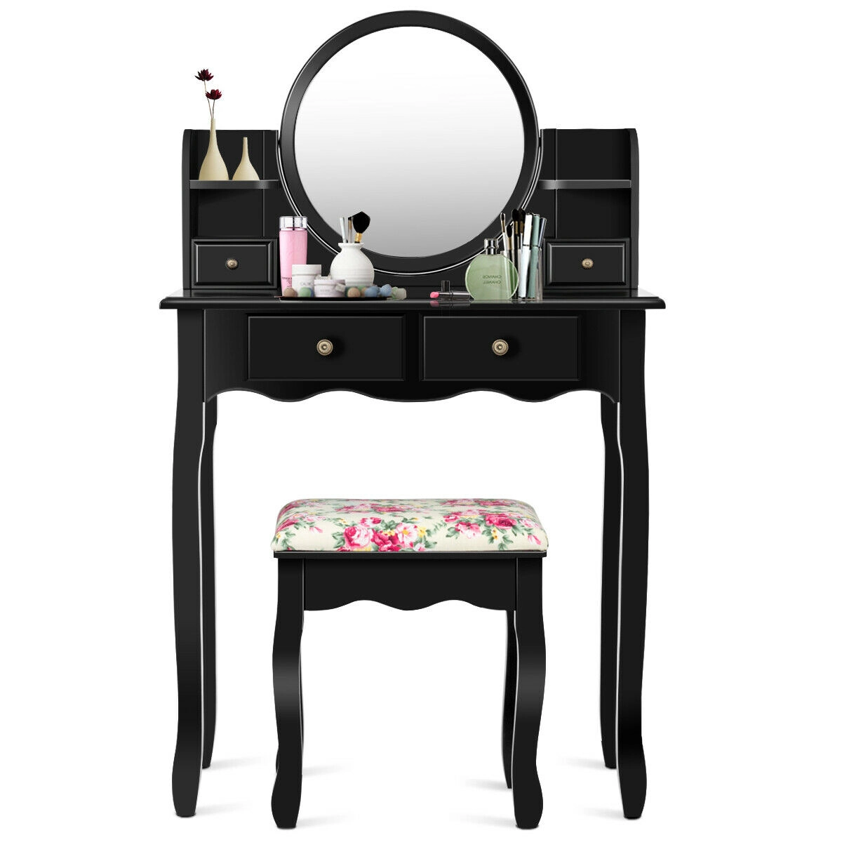 SUGIFT 4-Drawer Girls Makeup Vanity Dressing Table Set Oval Mirror & Stool 286-lb Dresser Capacity 242-lb Stool Capacity