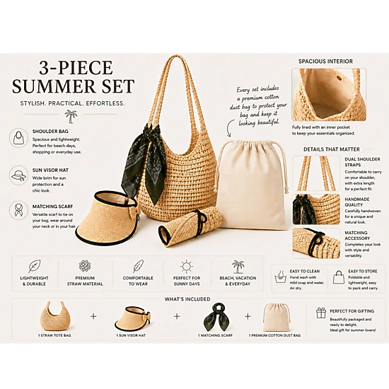 Wear Sierra Women's 3-Piece Set, Straw Tote Bag with Sun Visor Hat & Fashion Scarf