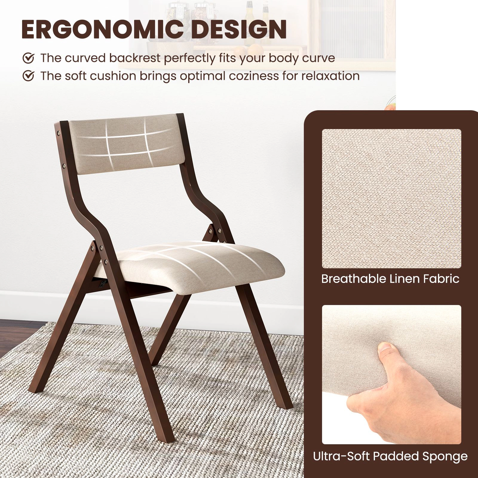 SlickBlue Wooden Folding Chairs with Linen Upholstery Set of 2