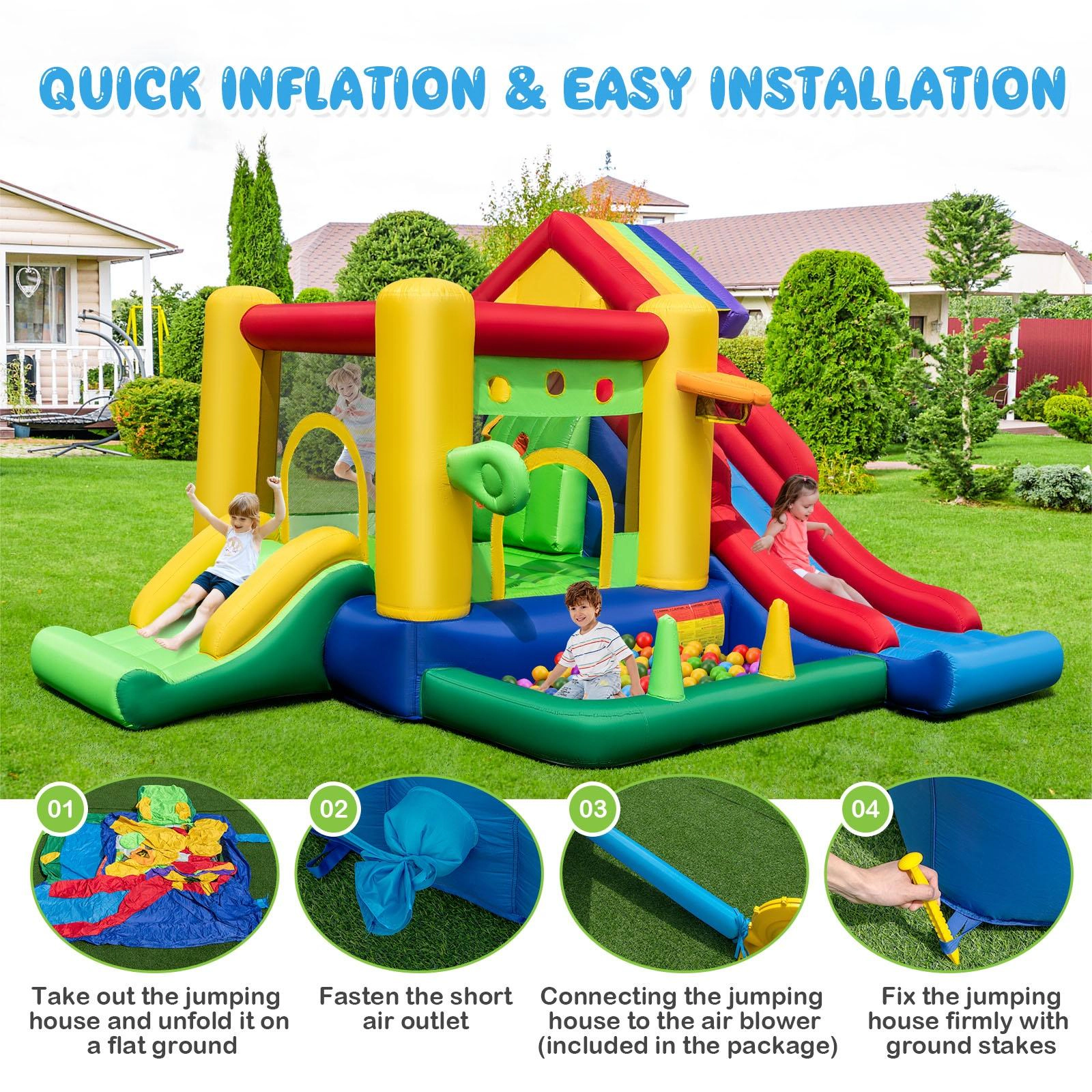 SUGIFT 5-in-1 Inflatable Bounce Castle with Double Slides and Climbing Wall 200-lb Capacity Ages 3-10 Multicolor