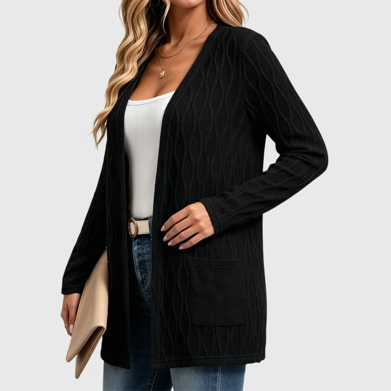 YesFashion Women's Long Cardigans Casual Open Front Sleeve Knit Loose Sweaters with Pockets
