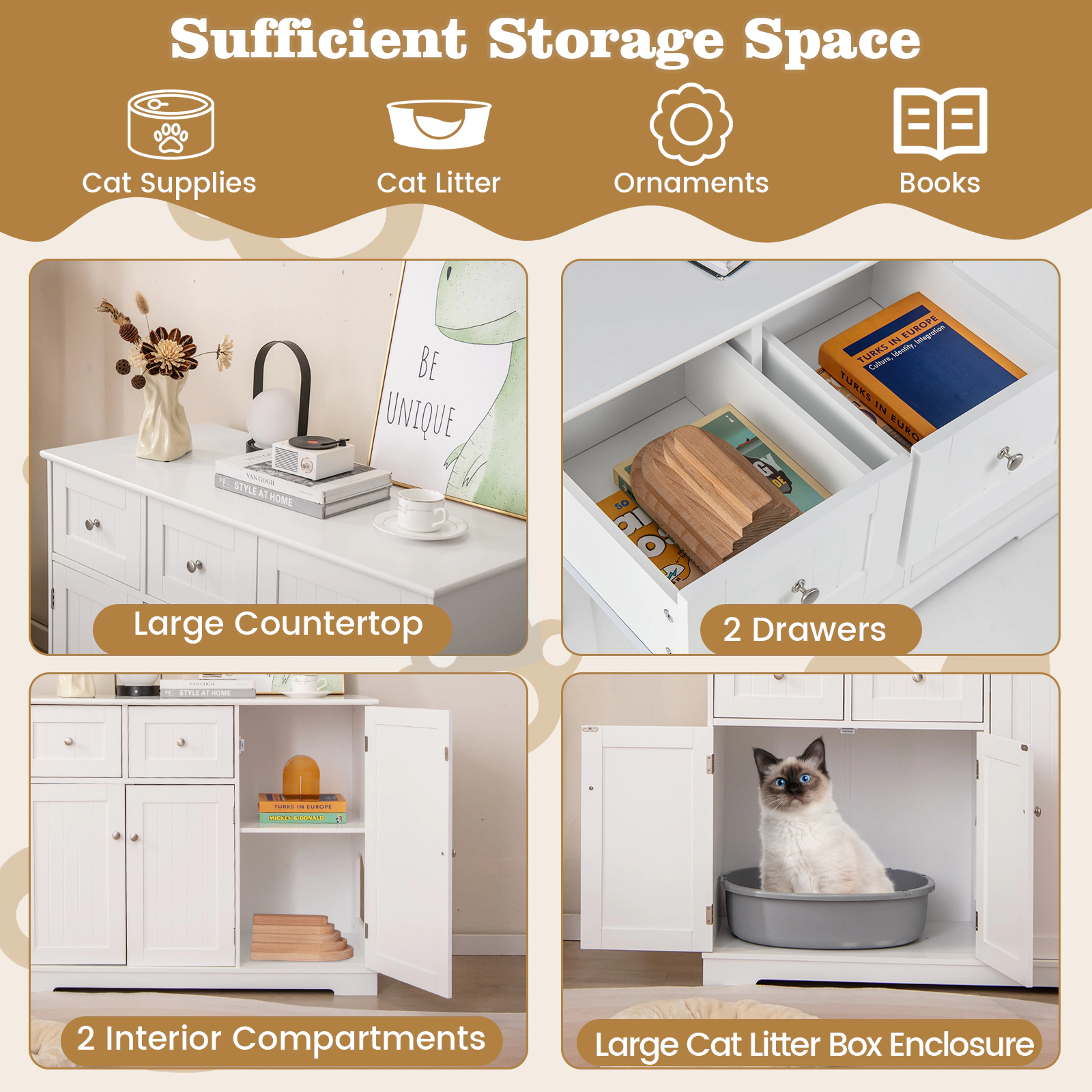 SUGIFT White Cat Litter Box Enclosure with 2 Drawers 40-in W 18-in D 31.5-in H 44-lb Countertop Capacity
