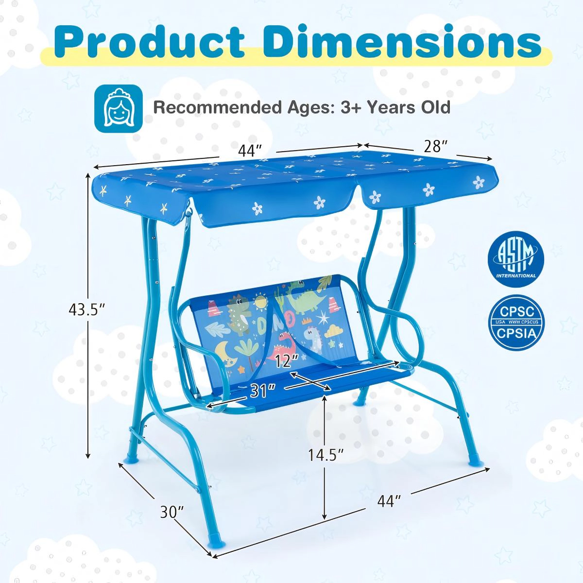 SUGIFT 180-lb Capacity 2-Seater Kids Outdoor Swing with Metal Stand Adjustable Canopy and Safety Belts Blue