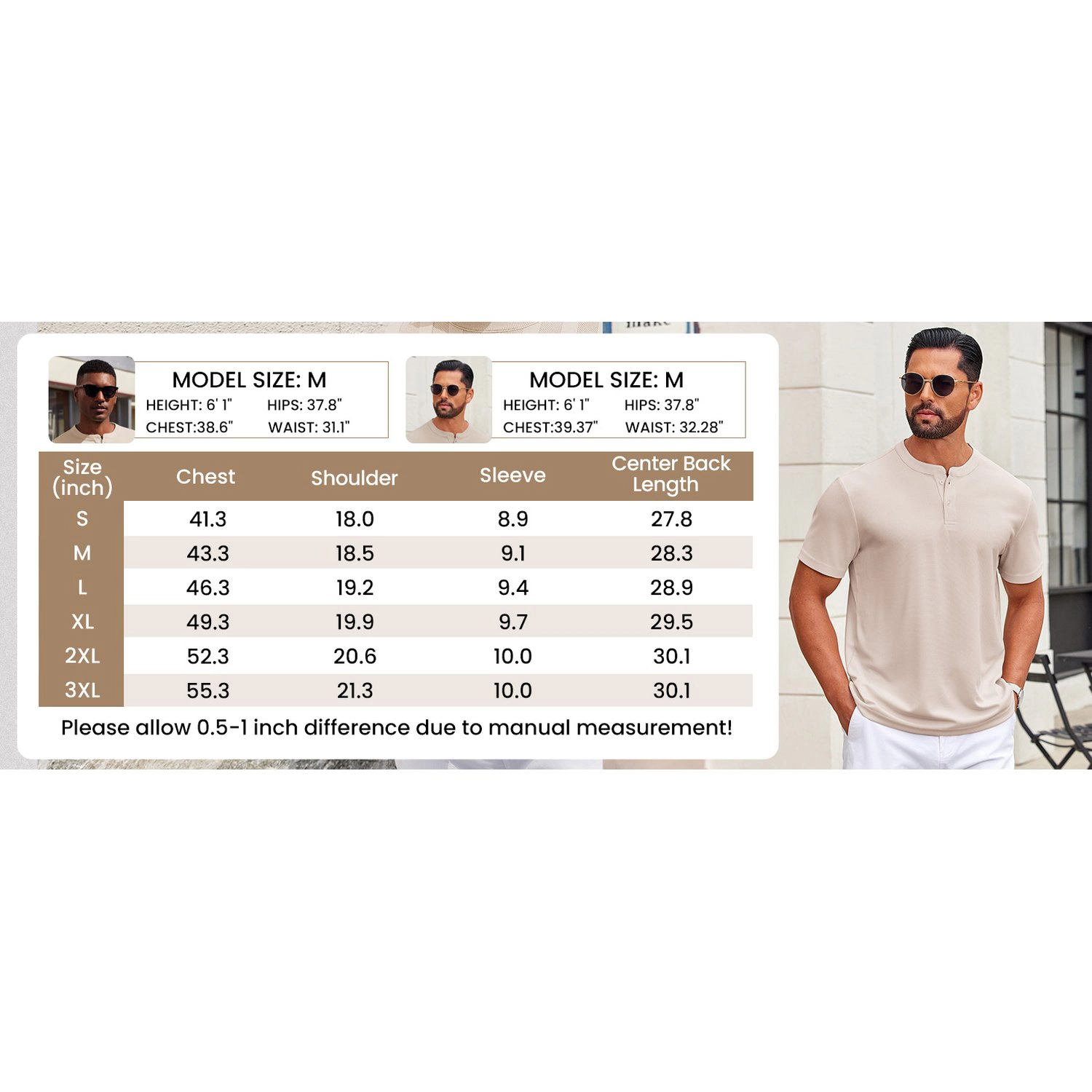 COOFANDY Mens Casual Short Sleeve Henley Shirt Band Collar Button Placket Solid Tee