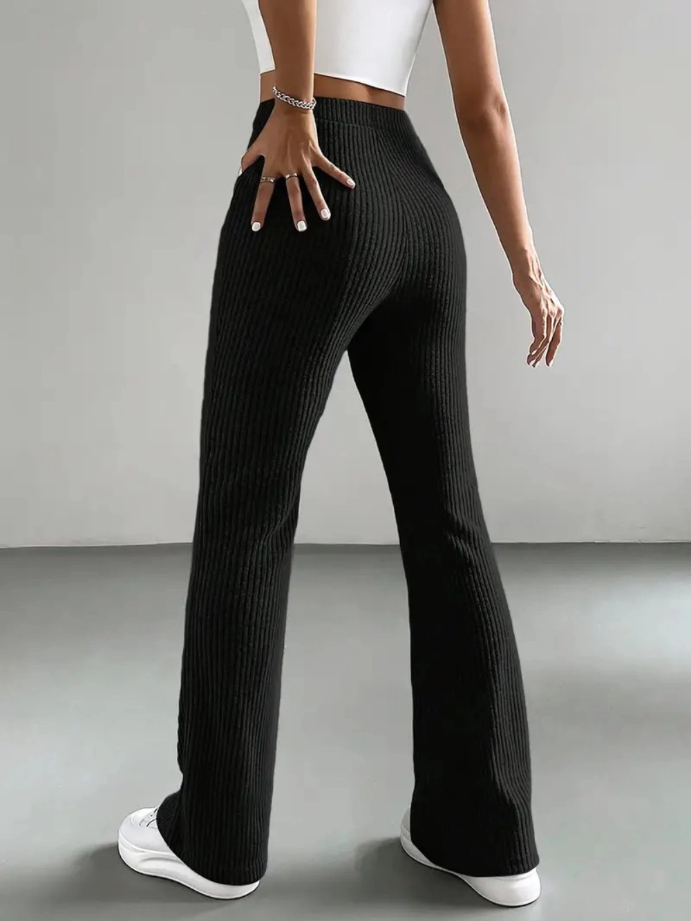 Enchanted Funland Womens High Waist Flare Ribbed Knit Stretch Bootcut Pants