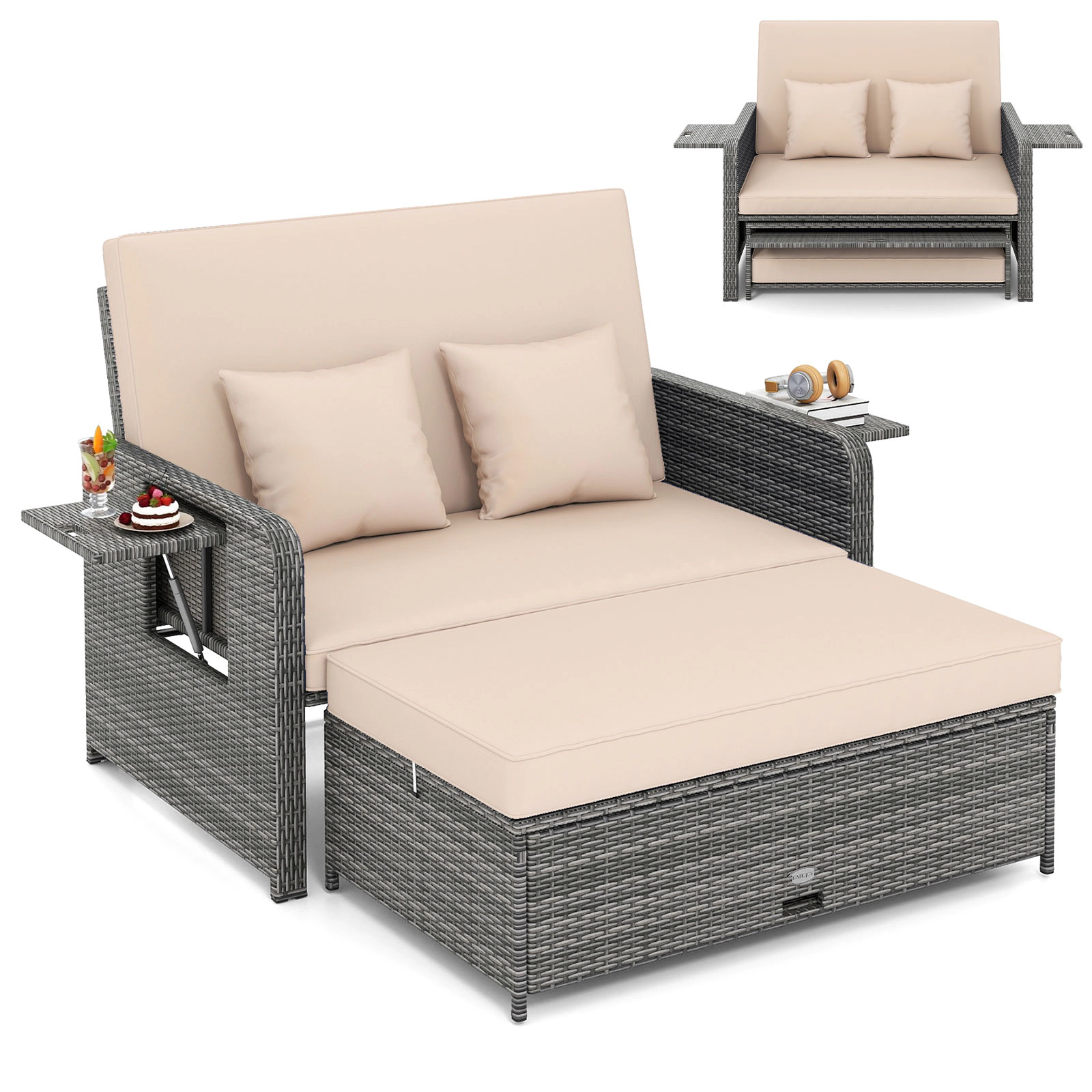 LJG Wicker Loveseat Sofa with Multipurpose Ottoman and Retractable Side Tray