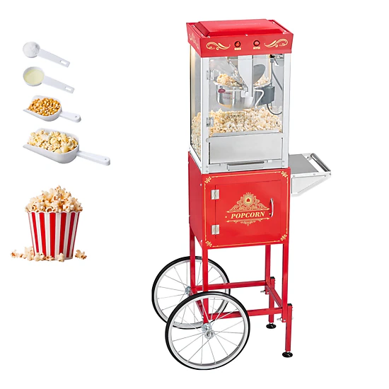 HONGGE Popcorn Machine with Cart 8oz Stainless Steel Kettle 800W Commercial Popcorn Maker 48 Cups per Batch Theater