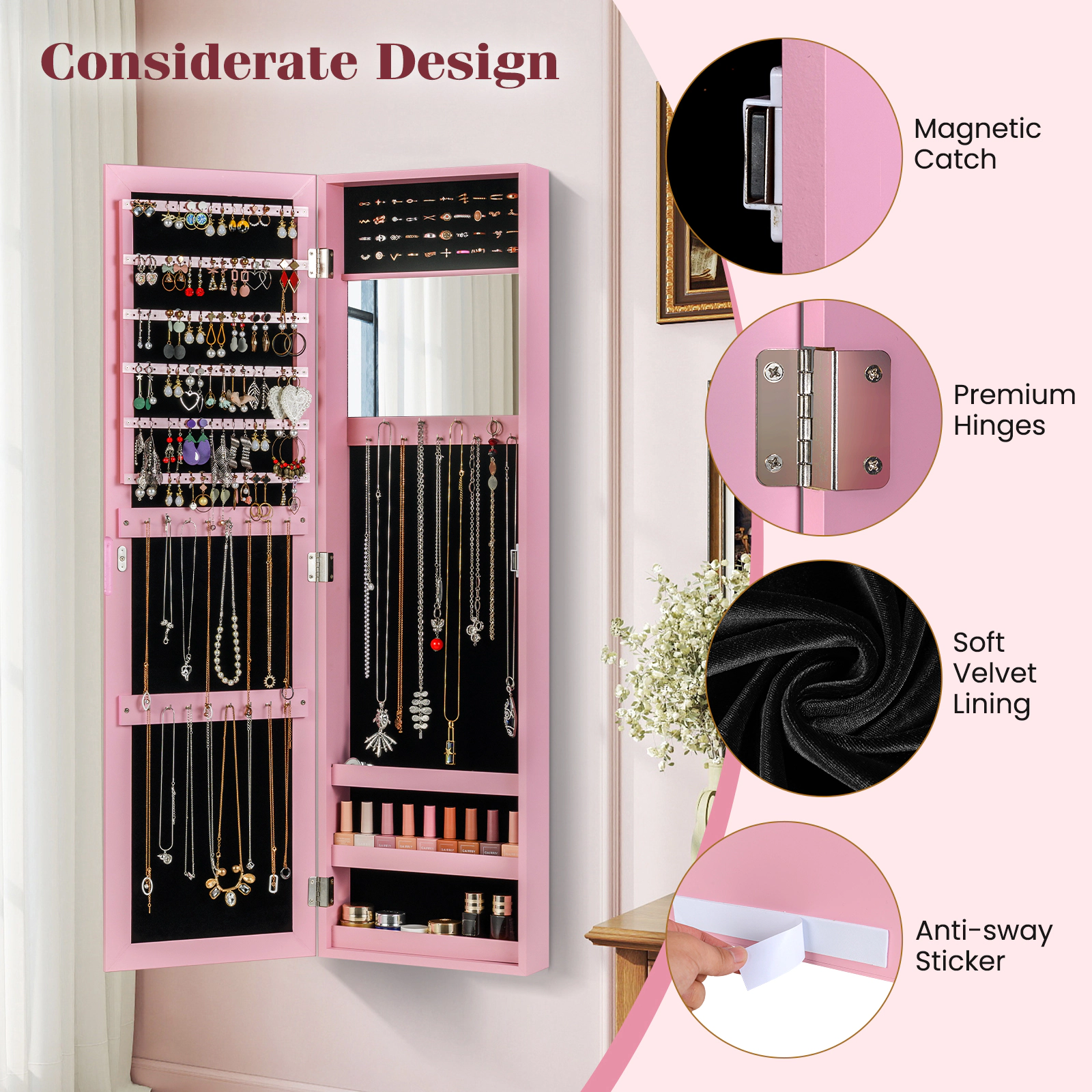 SUGIFT Pink Hanging Jewelry Organizer Cabinet Wall or Door Mounted Armoire with Makeup Mirror and Hooks