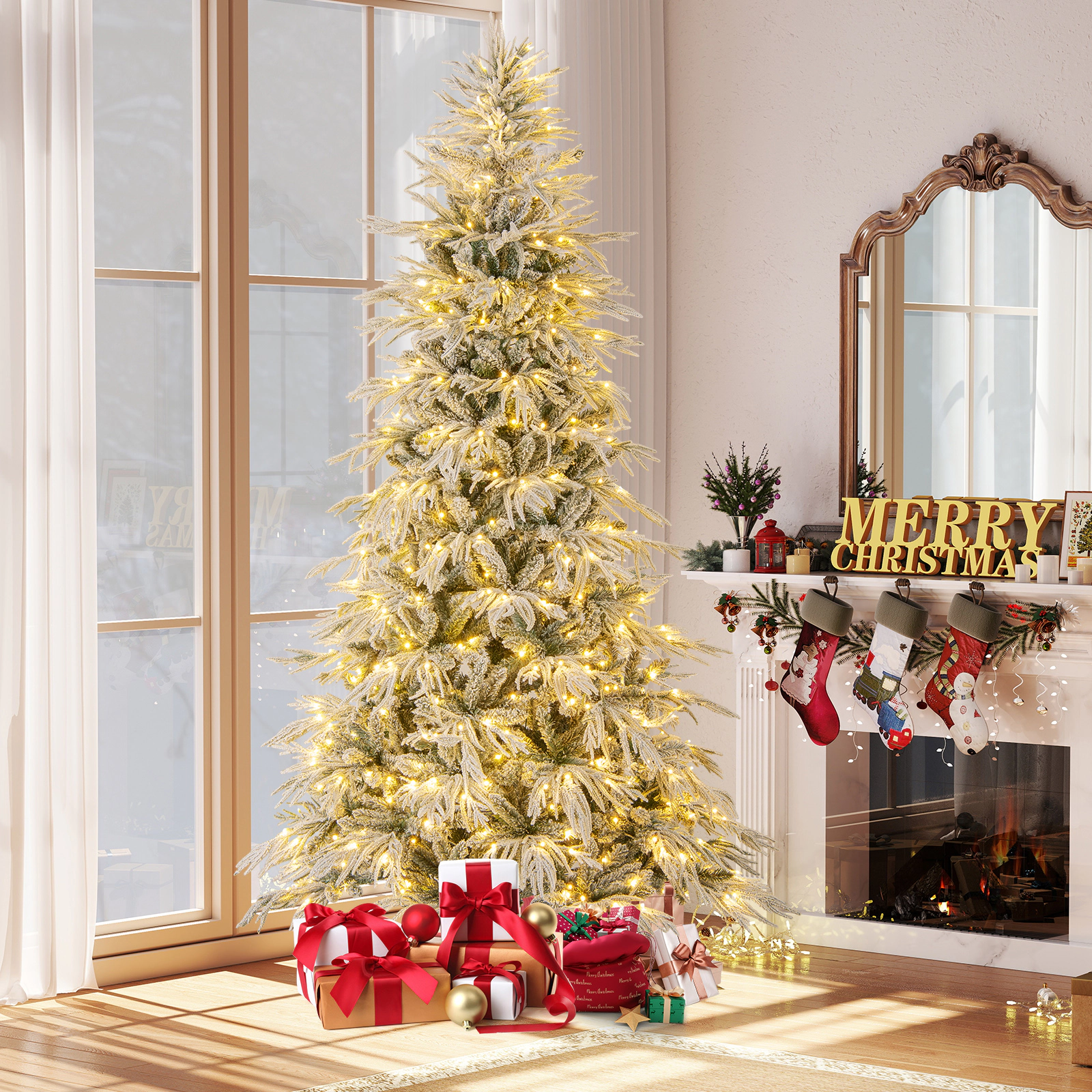 SUGIFT 8-ft Snow Flocked Pre-Lit Artificial Christmas Tree with Drooping Branches 1108 Tips and 450 LEDs