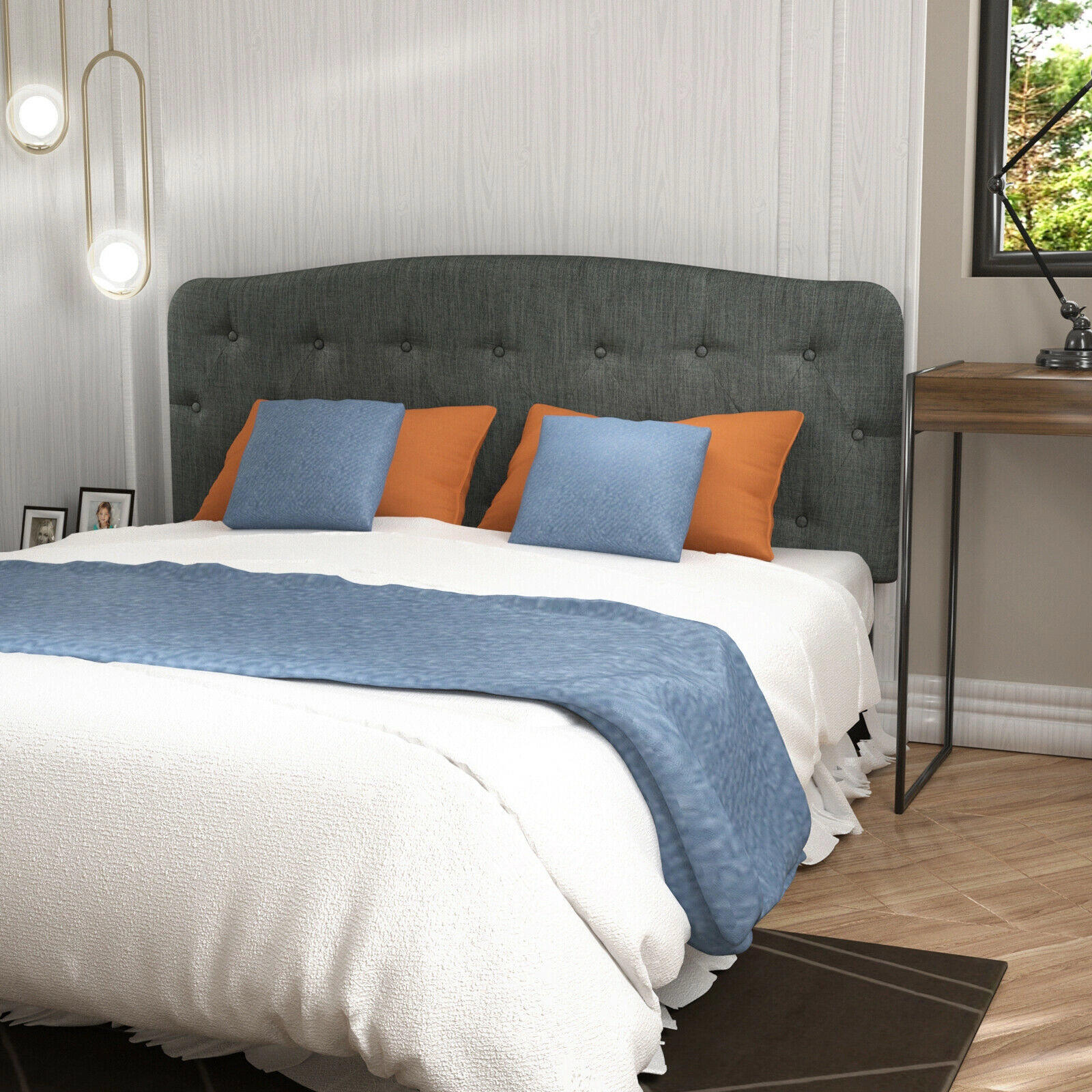 SUGIFT Full Size Button Tufted Faux Linen 2 Adjustable Heights Headboard 55-in x 3-in 38-in to 53-in Tall Dark Gray