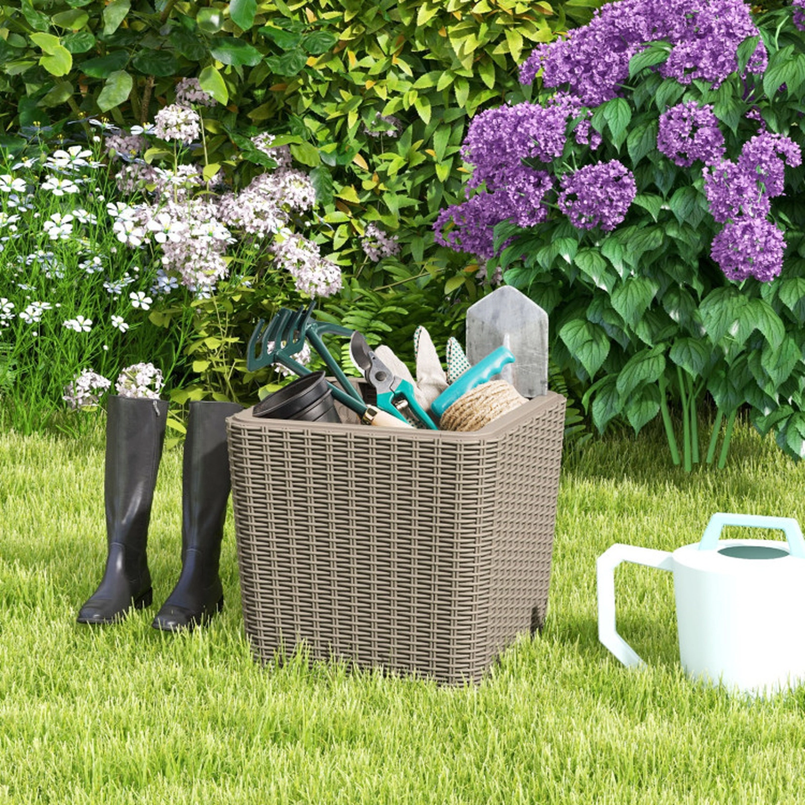 SUGIFT 15-in 330-lb Capacity Coffee Outdoor Resin Storage Side Table with Removable Lid and Wicker Weave