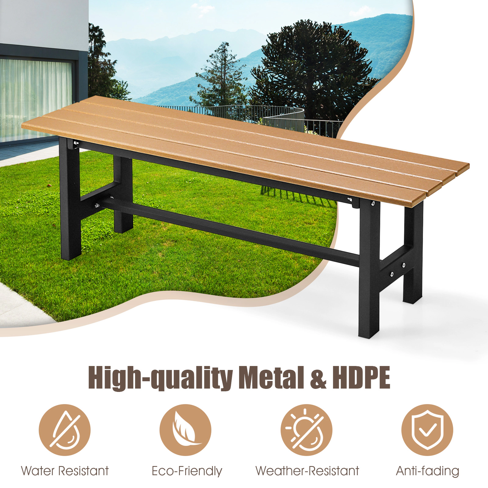SUGIFT 47-Inch Brown HDPE Outdoor Bench, 660-Lb Capacity, Slatted Seat, Iron Frame