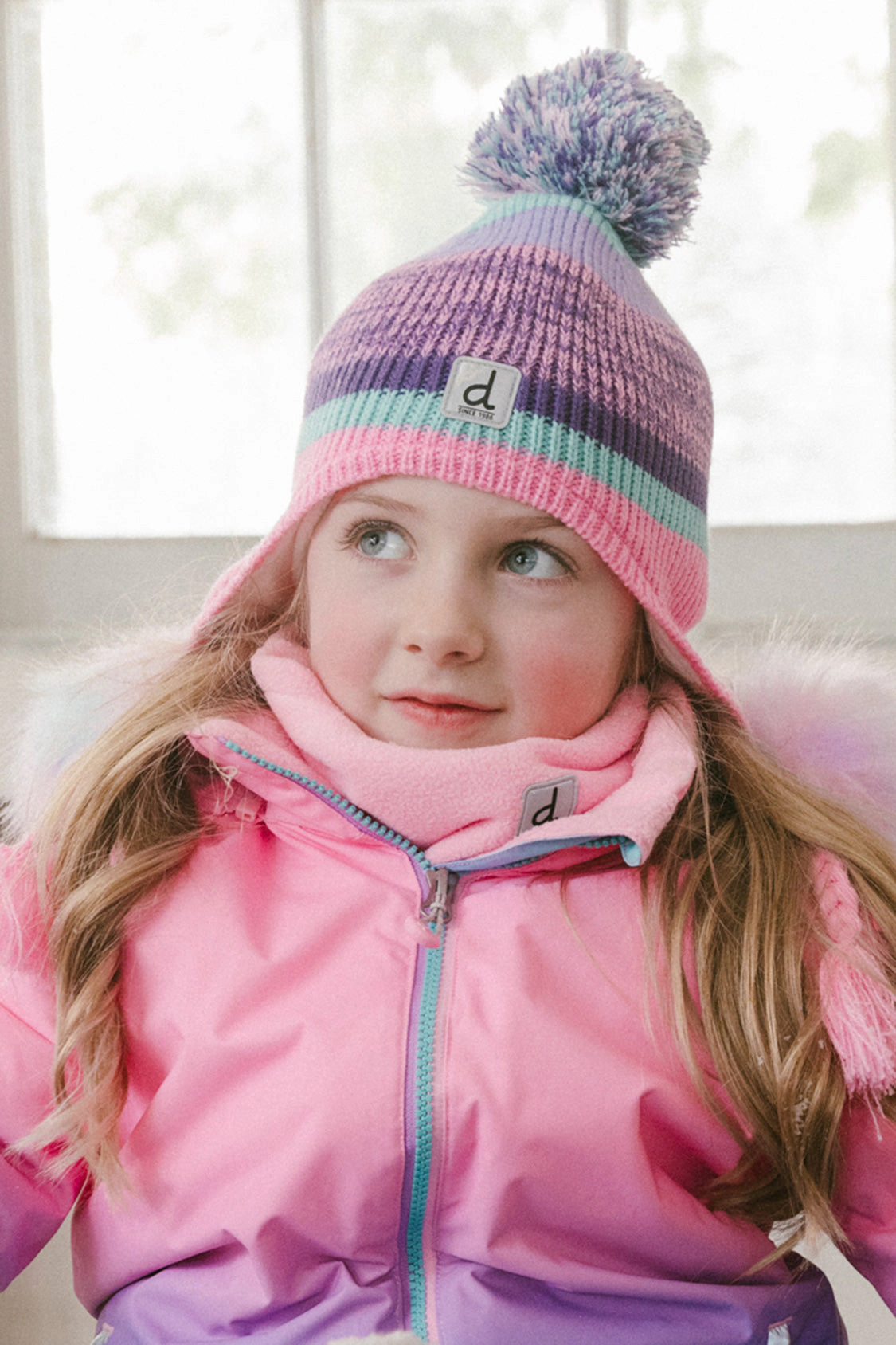Deux par Girls Striped Jacquard Winter Peruvian Knit Acrylic Hat with Pompom