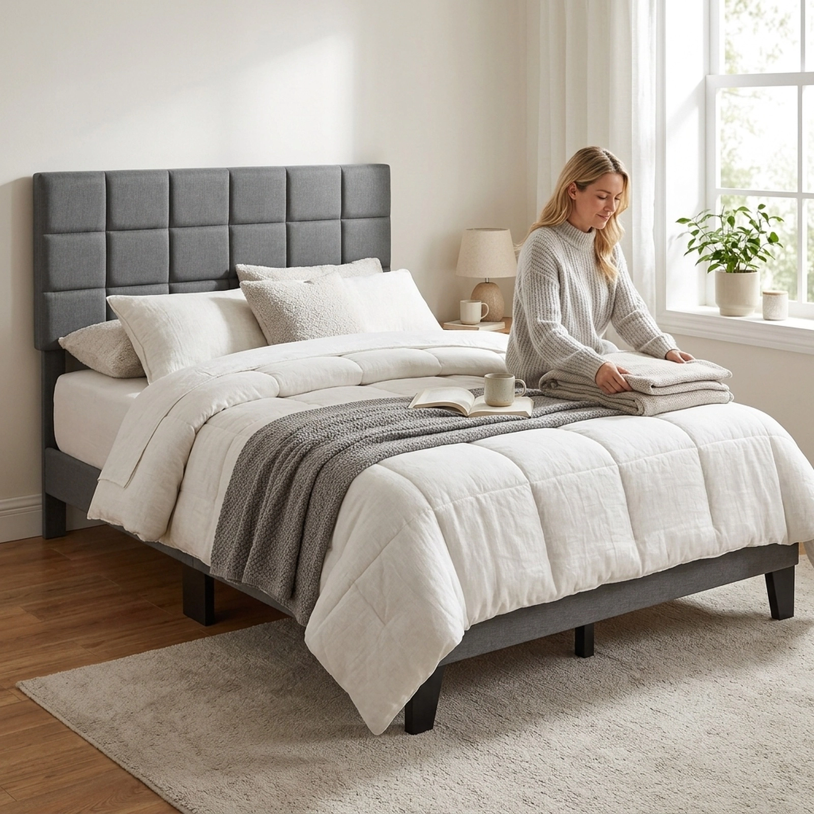 SUGIFT Full Bed Frame, Gray Linen Upholstered Platform Bed with Adjustable Headboard