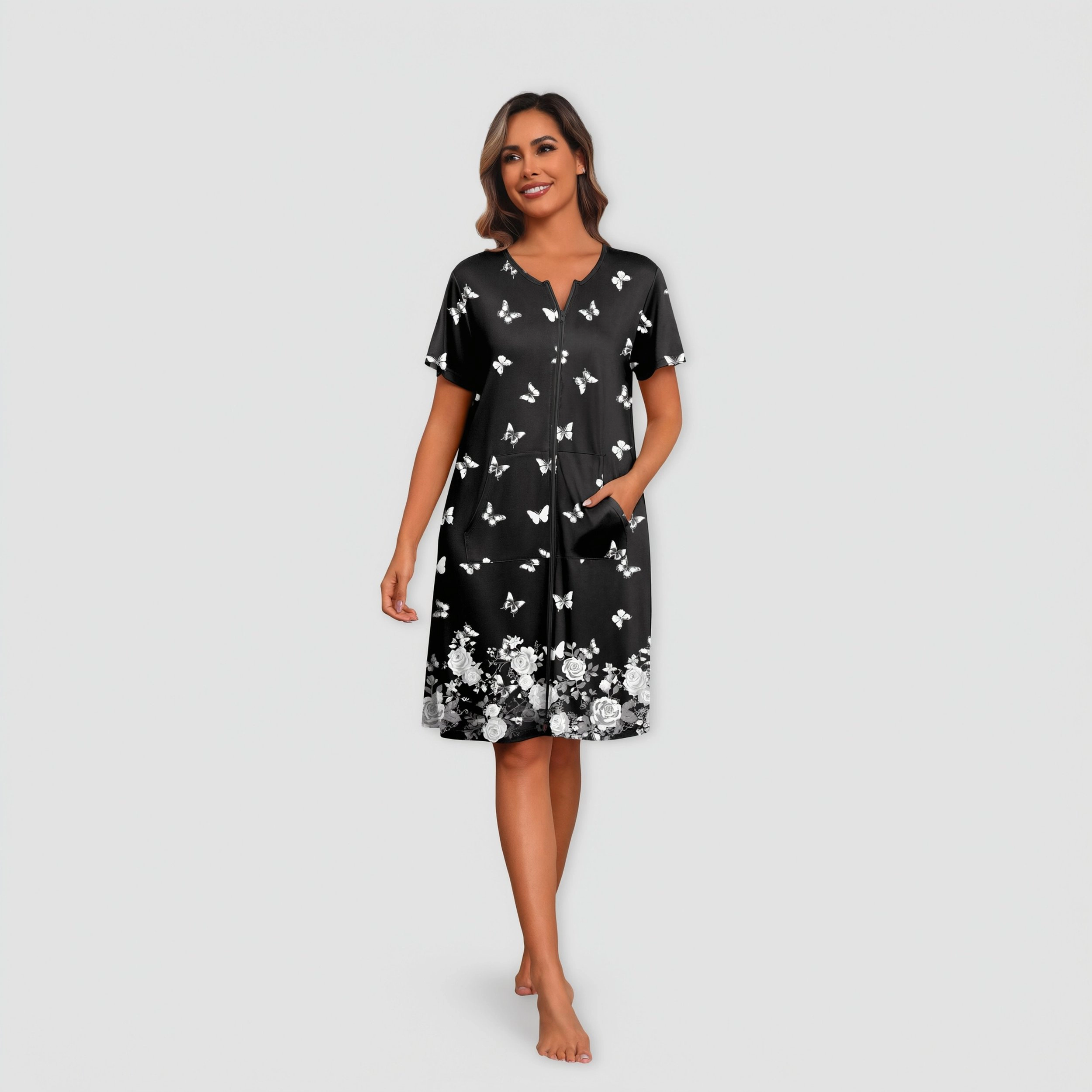 Ekouaer Women Robes Lightweight House Coat Short Sleeve Print Mumu Dresses Zipper Nightgowns