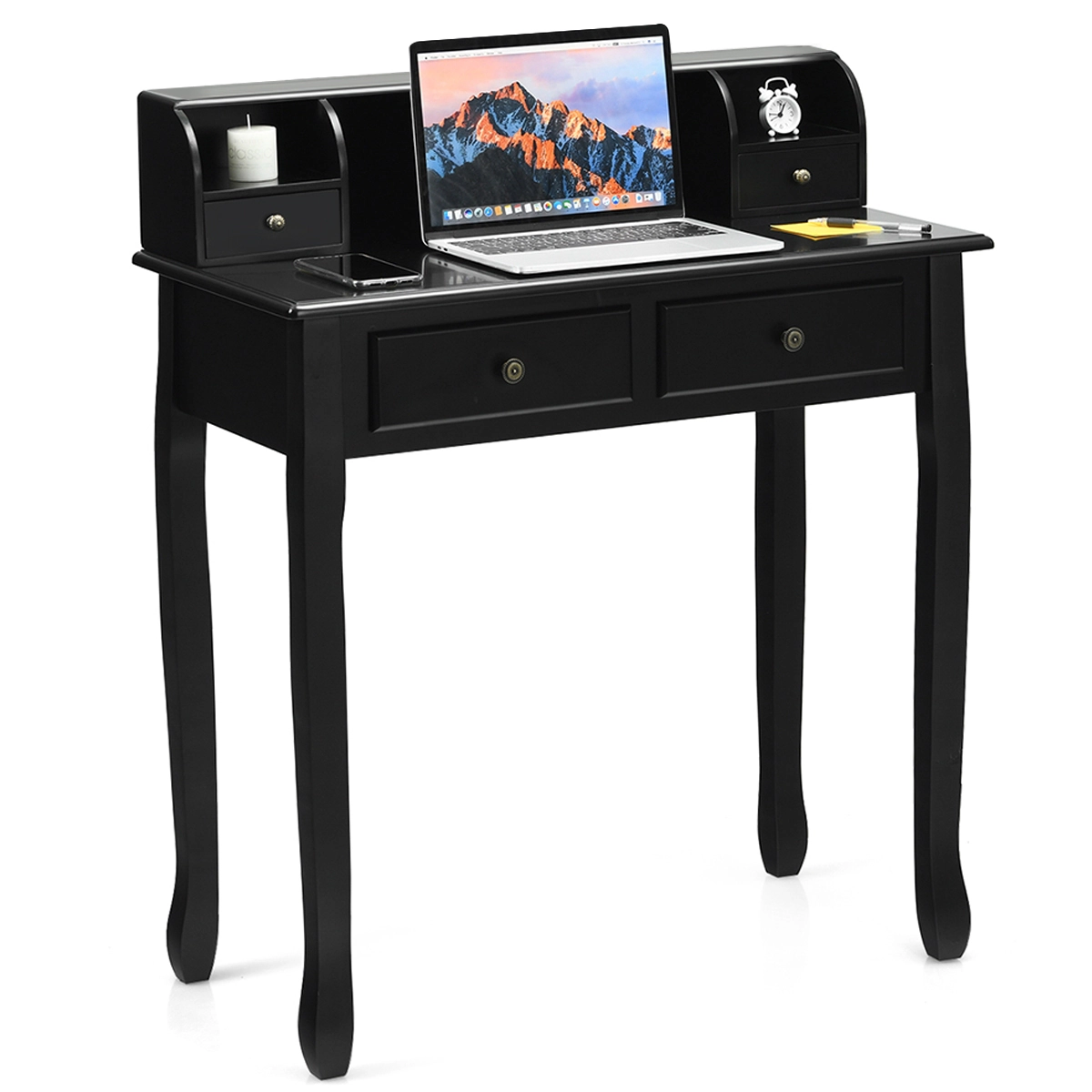 SUGIFT Black 2-Tier Vanity Writing Desk with 4 Drawers and Detachable Cabinet
