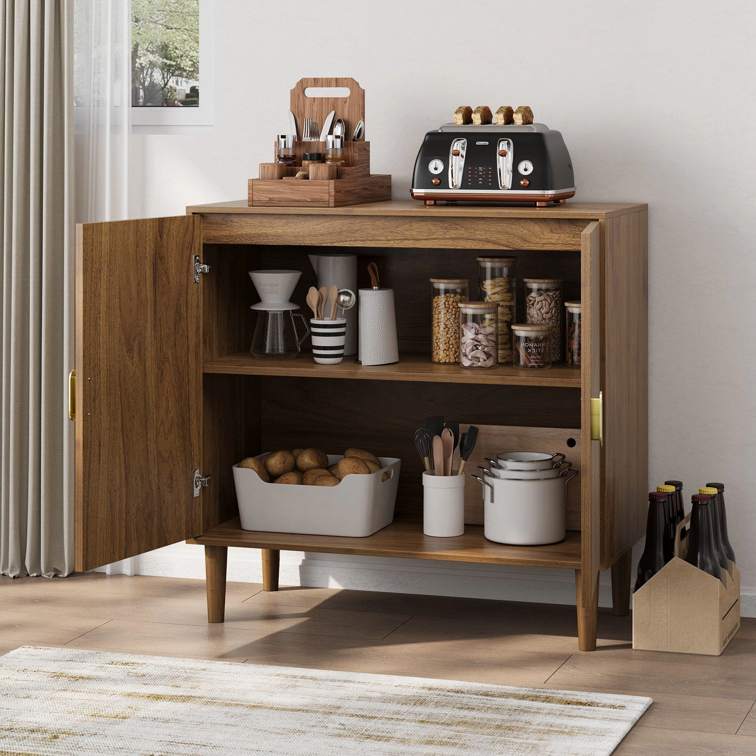 GBruno Line Groove Walnut Buffet Sideboard Cabinet