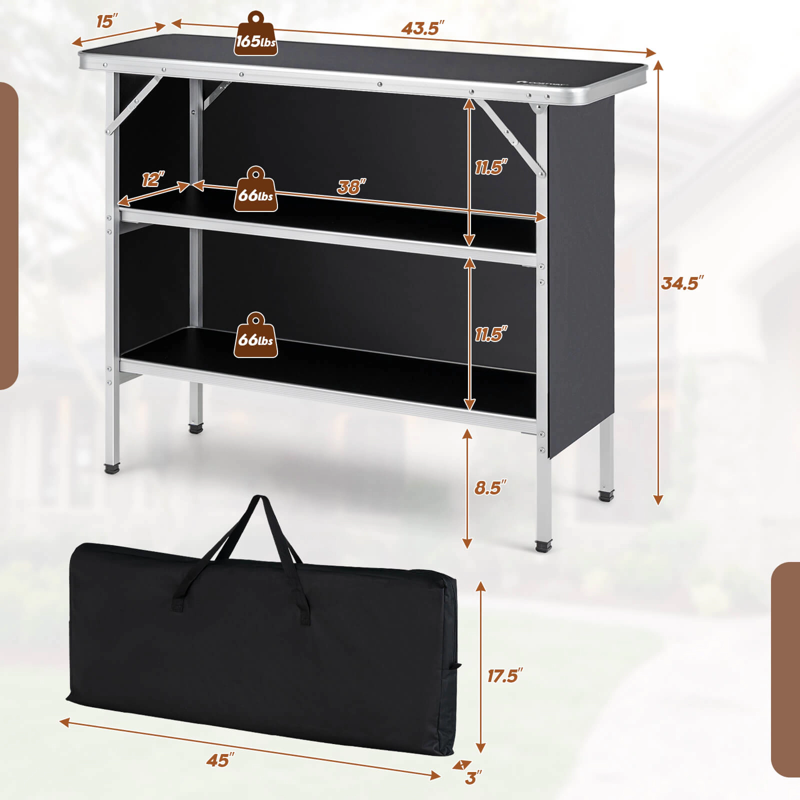 LJG Folding Camping Table with 2-Tier Open Shelves for Outdoor BBQ