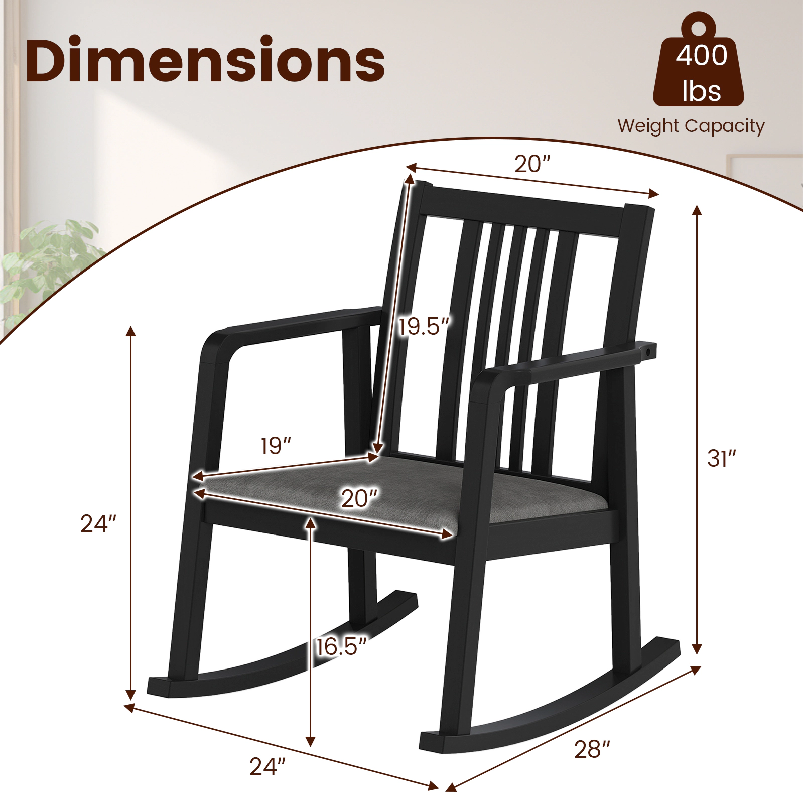 SUGIFT Wooden Rocking Chair with Slatted Back and Linen-Padded Seat