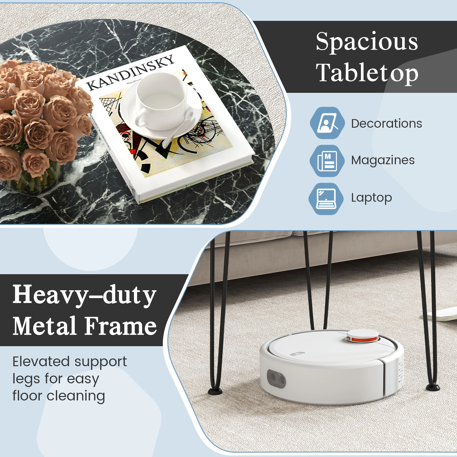 Hivvago Round Coffee Table with Thickened Tabletop and Metal Tripod Legs
