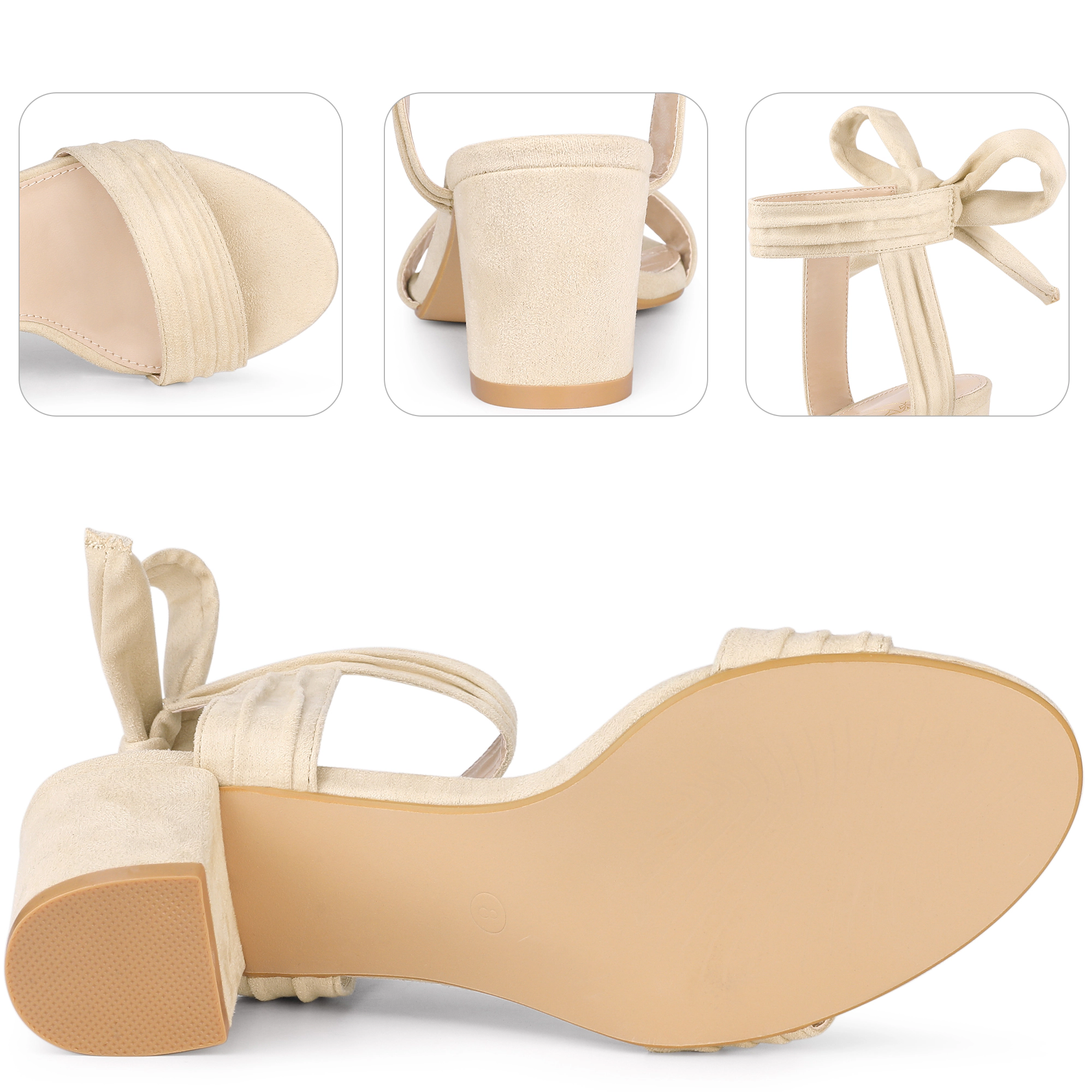 BLISSFUL STEP Women's Faux Suede Pleated Open Toe Lace Up Chunky Heels Sandals